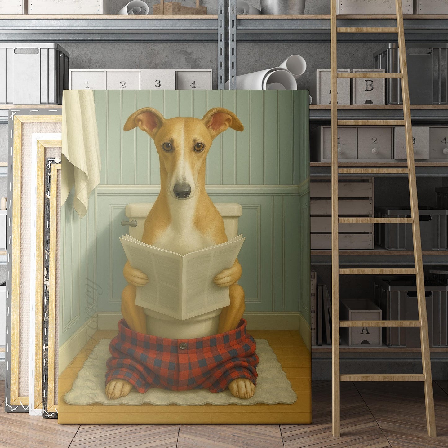 Greyhound Dog Reading The Newspaper On The Toilet