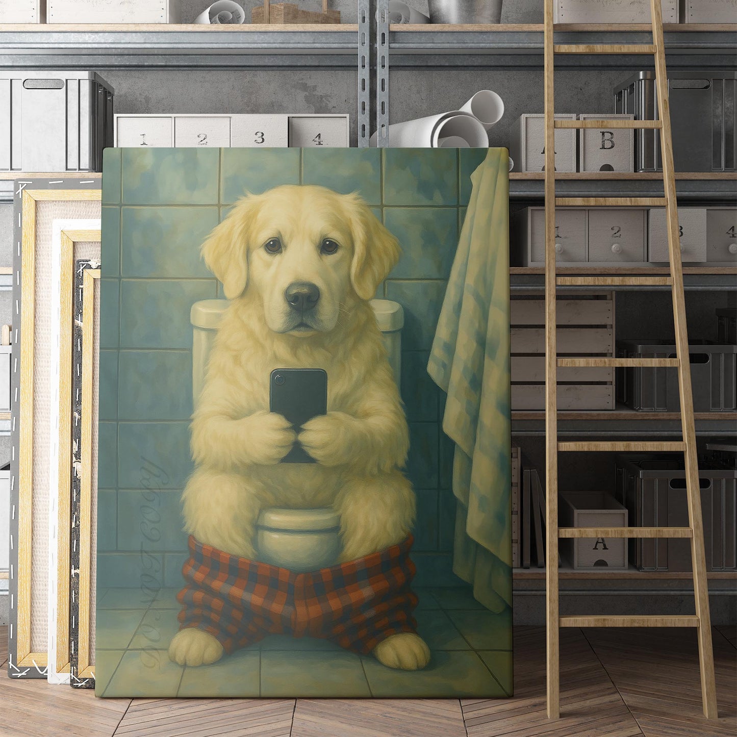 English Cream Golden Retriever On The Phone On The Toilet