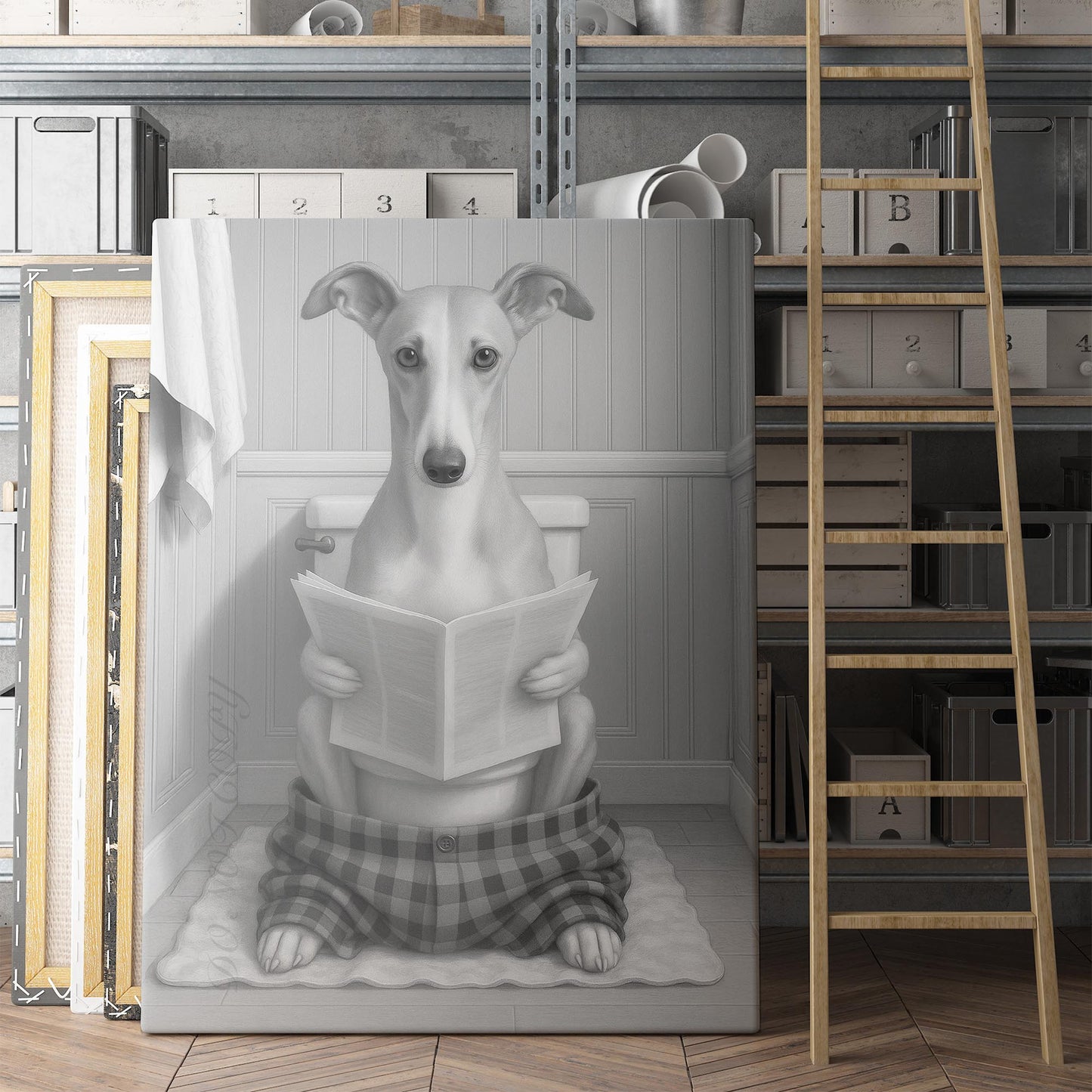 Greyhound Dog Reading The Newspaper On The Toilet