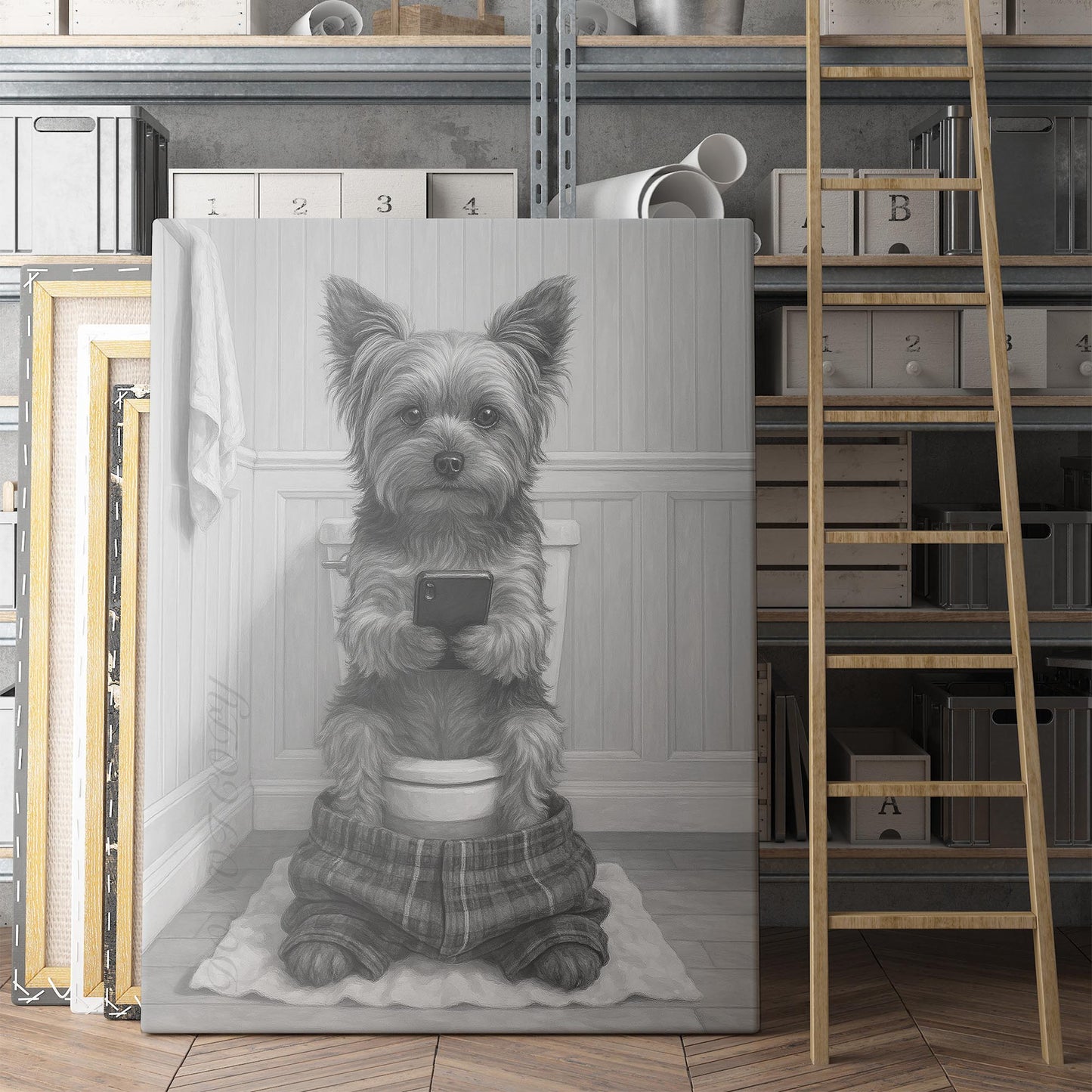 Yorkshire Terrier Dog On The Phone On The Toilet