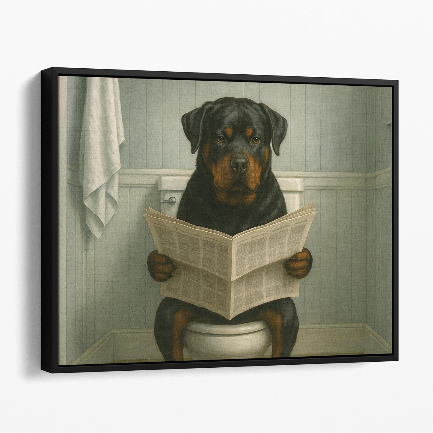 Rottweiler Reading The Newspaper On The Toilet
