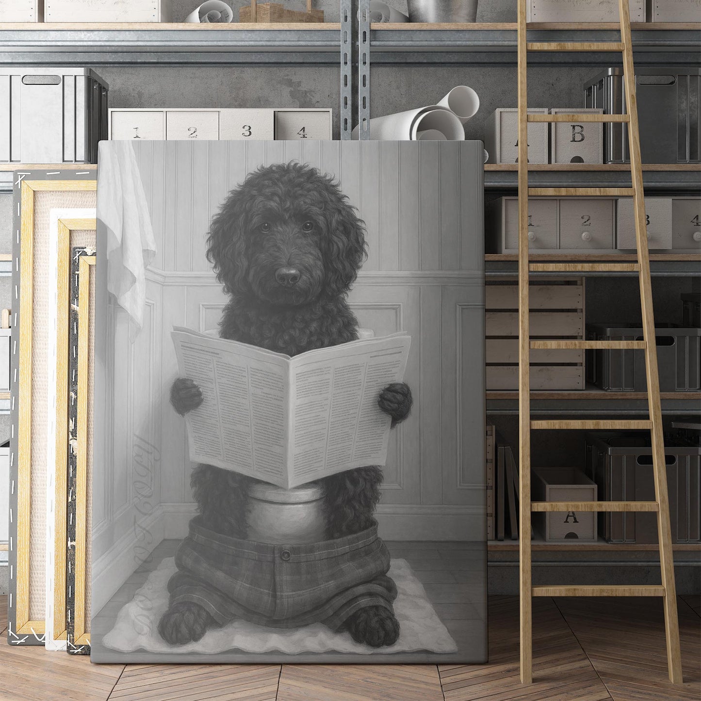 Black Golden Doodle Dog Reading The Newspaper On The Toilet