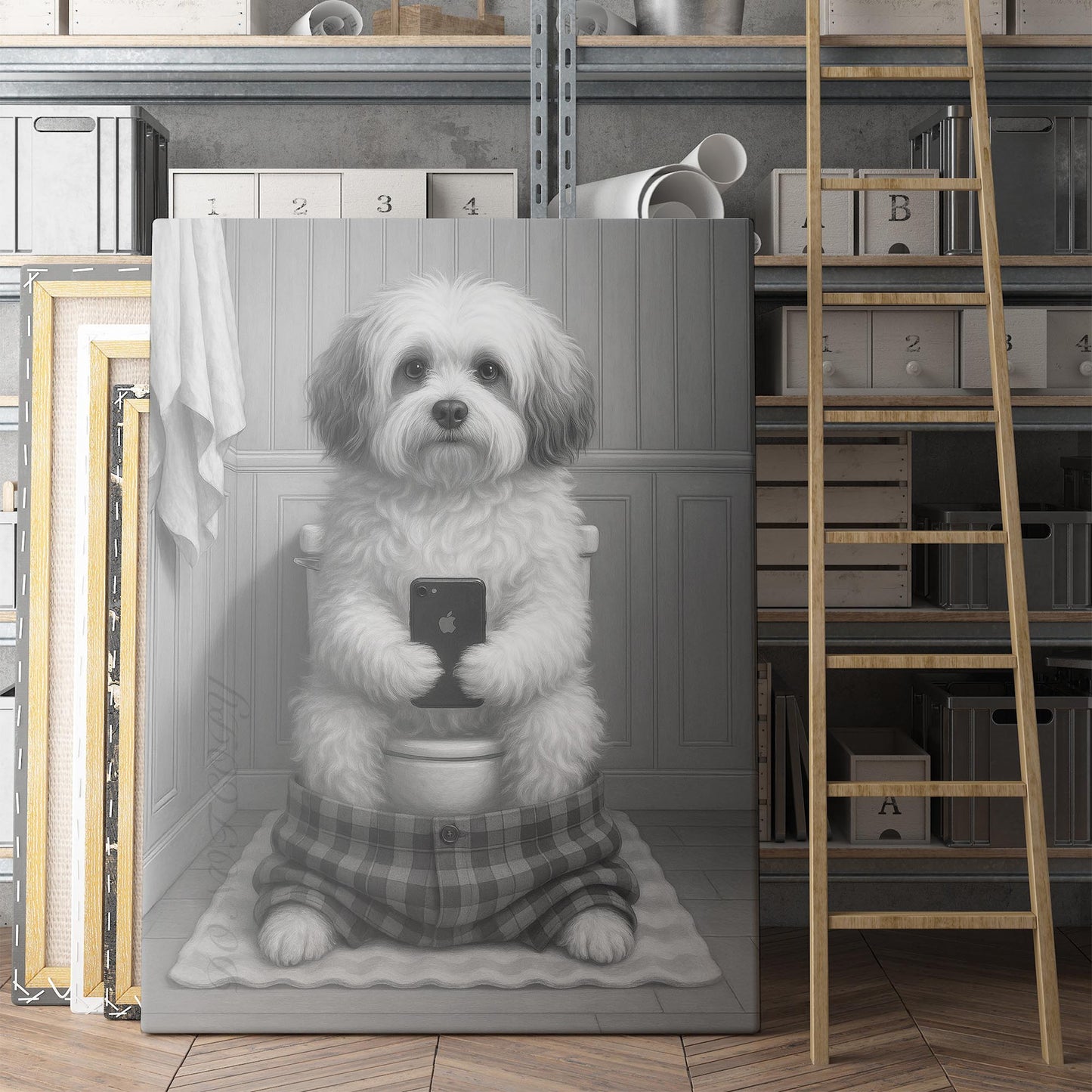 Havanese Dog On The Phone On The Toilet