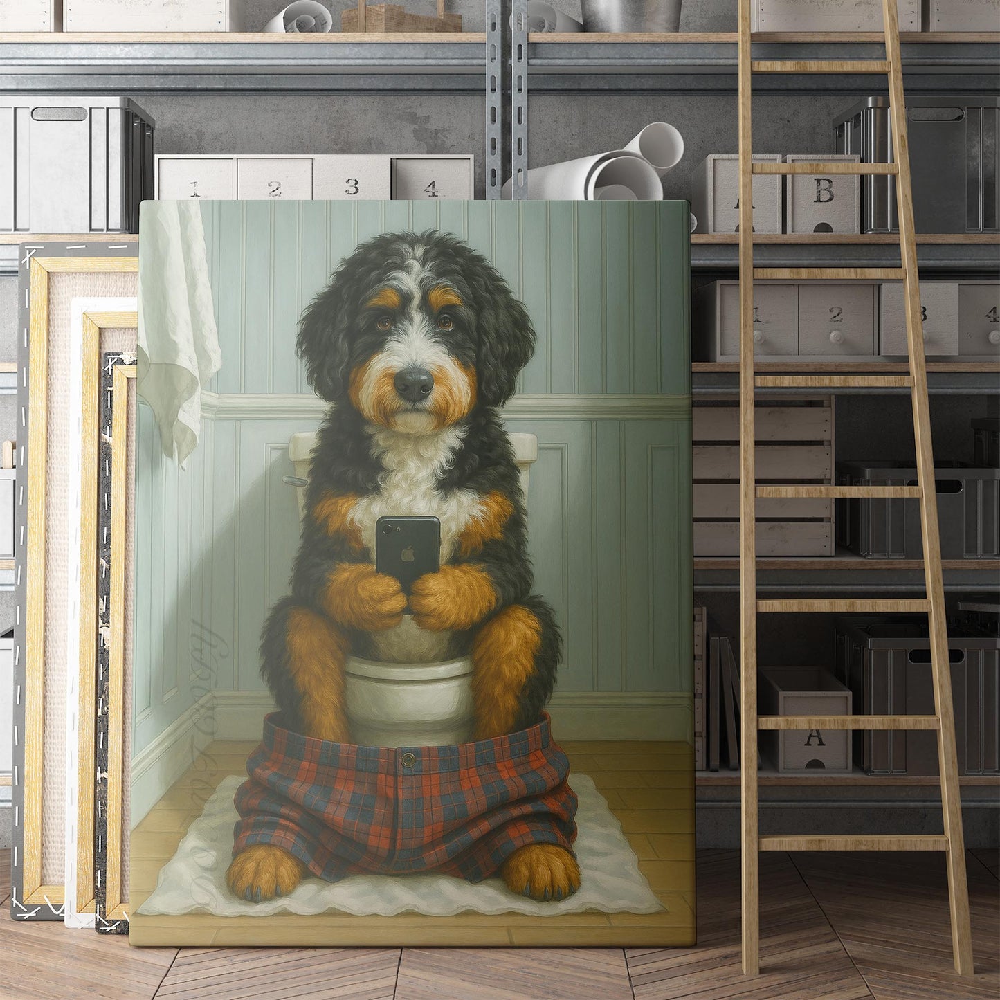 Bernedoodle Dog On The Phone On The Toilet