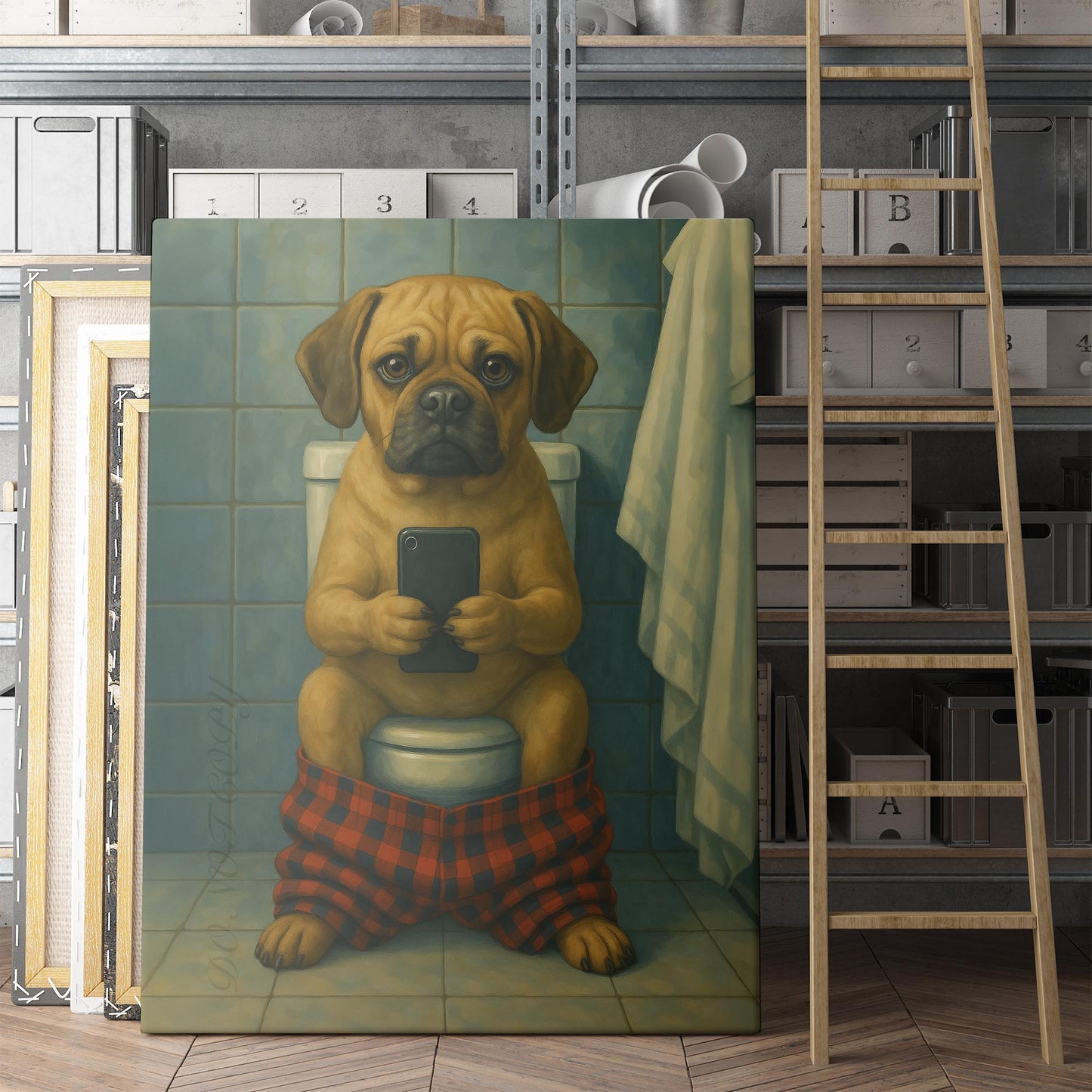 Puggle Dog On The Phone On The Toilet