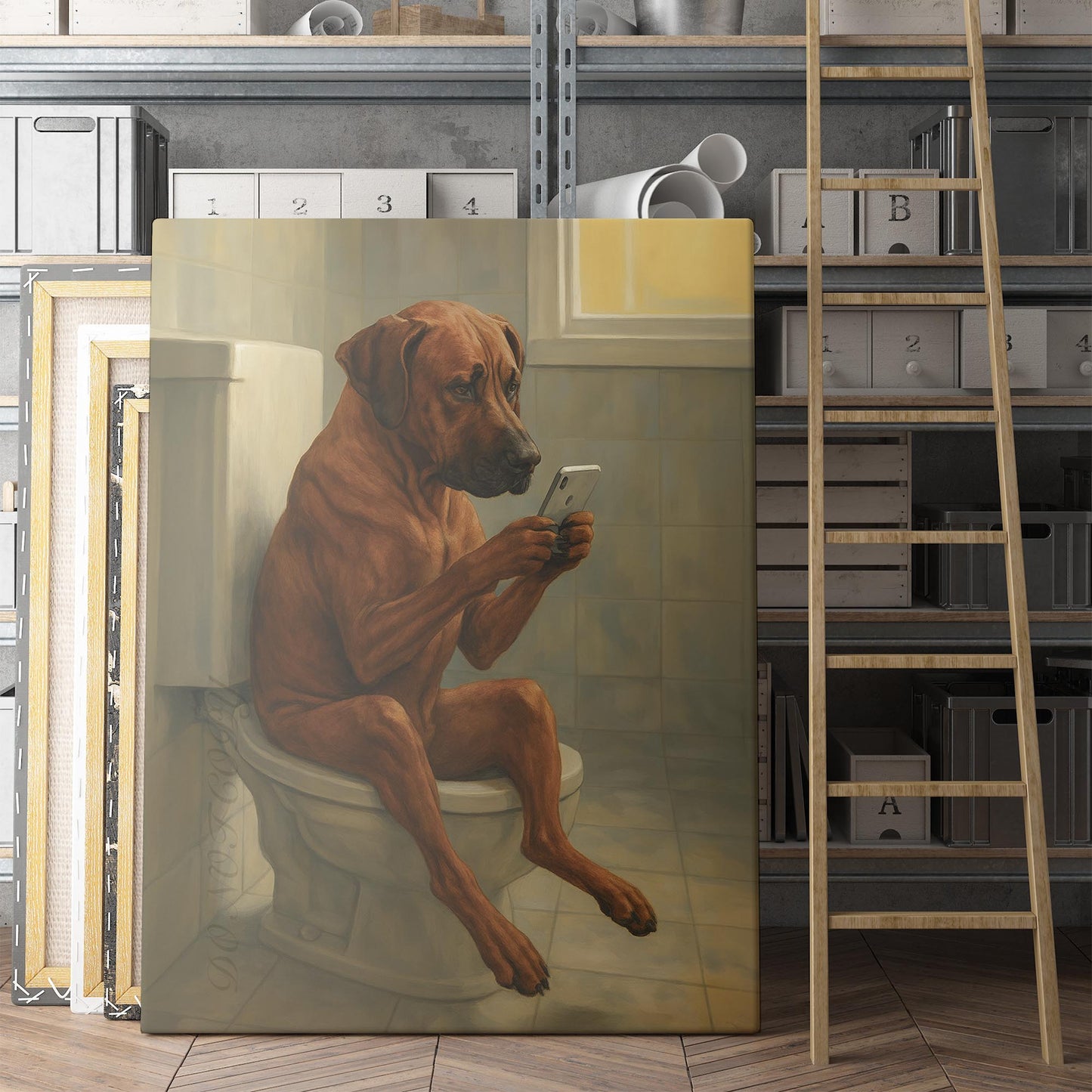 Rhodesian Ridgeback On The Phone On The Toilet