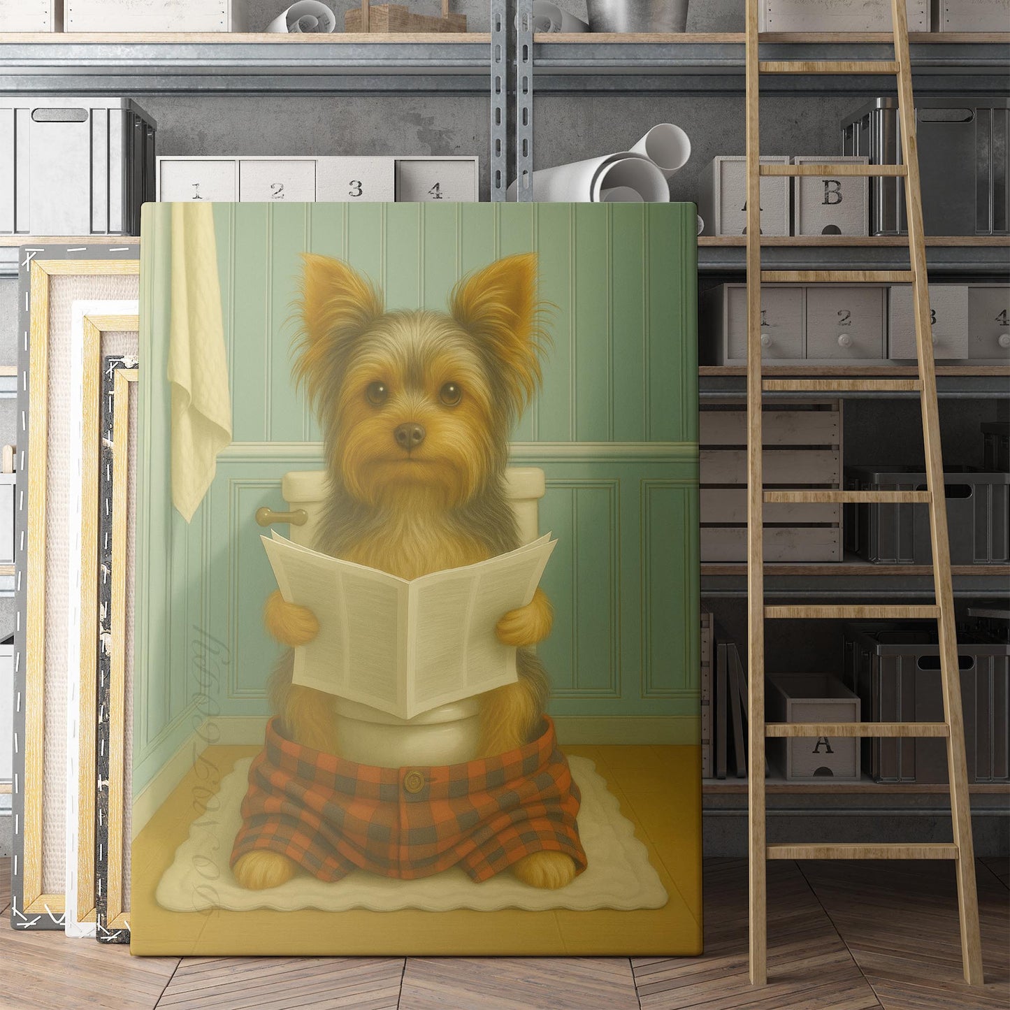 Yorkshire Terrier Dog Reading The Newspaper On The Toilet