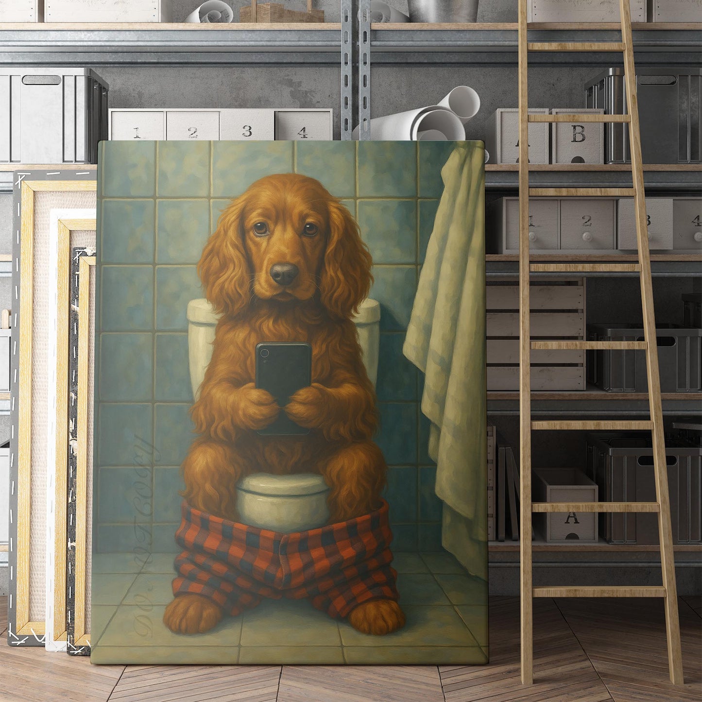 Cocker Spaniel Dog On The Phone On The Toilet