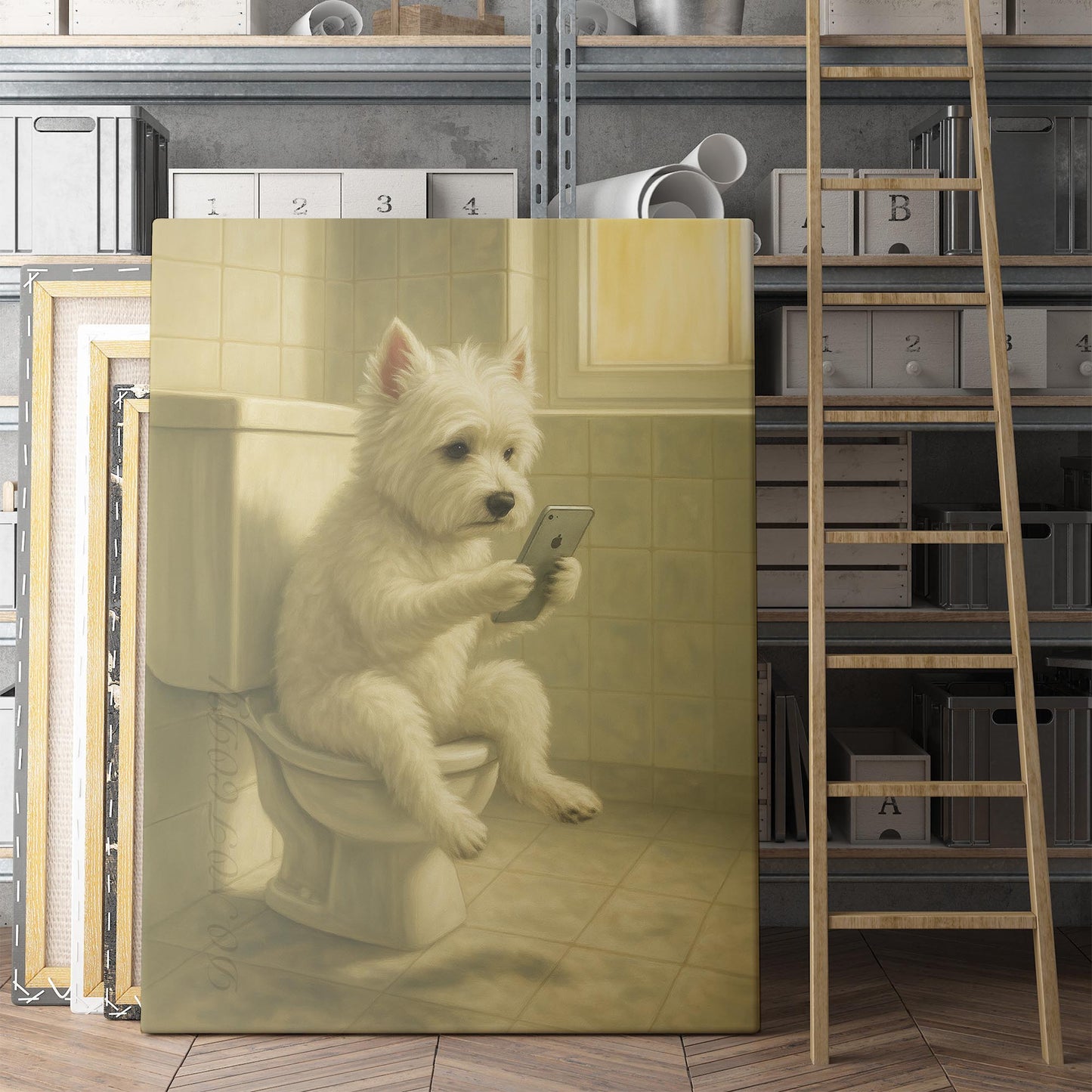 West Highland White Terrier Dog On The Phone On The Toilet