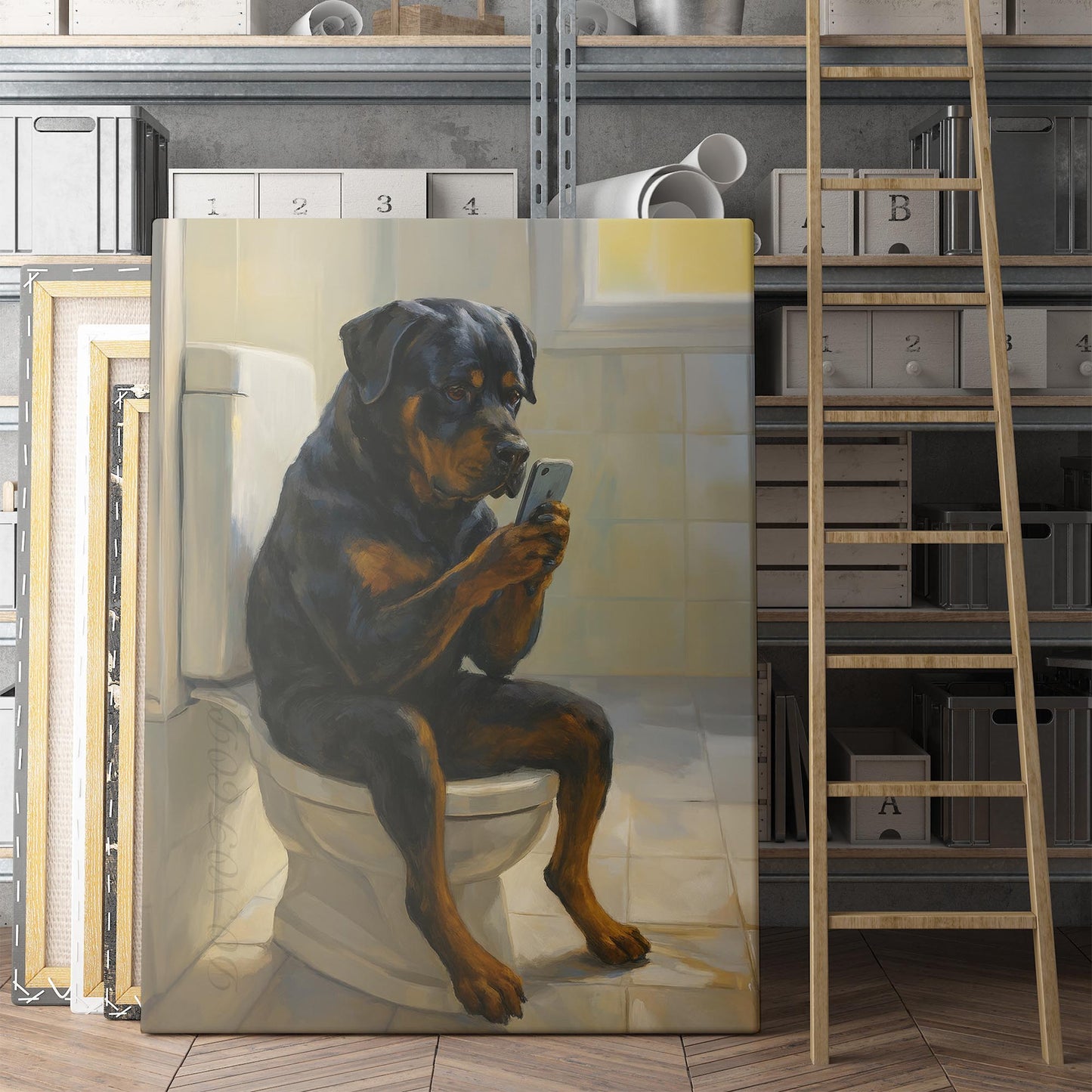 Rottweiler Dog On The Phone On The Toilet