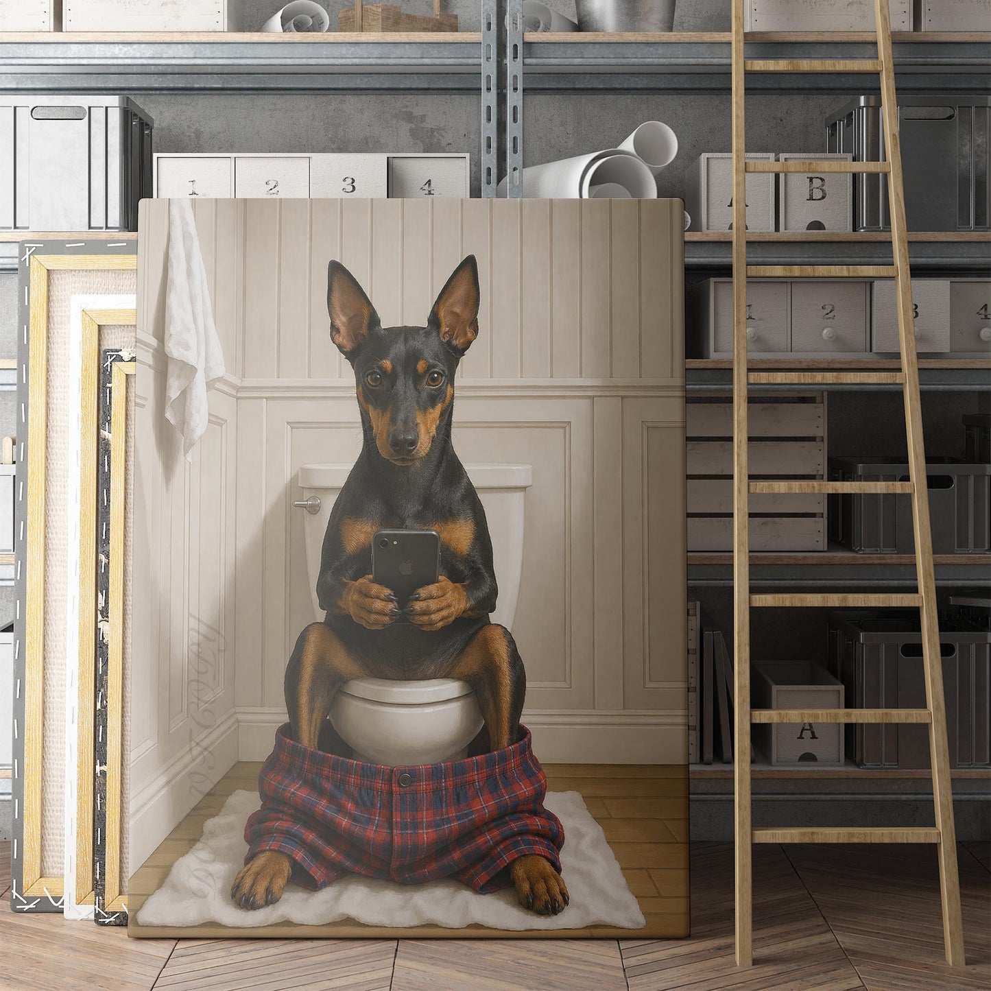 Manchester Terrier Dog On The Phone On The Toilet