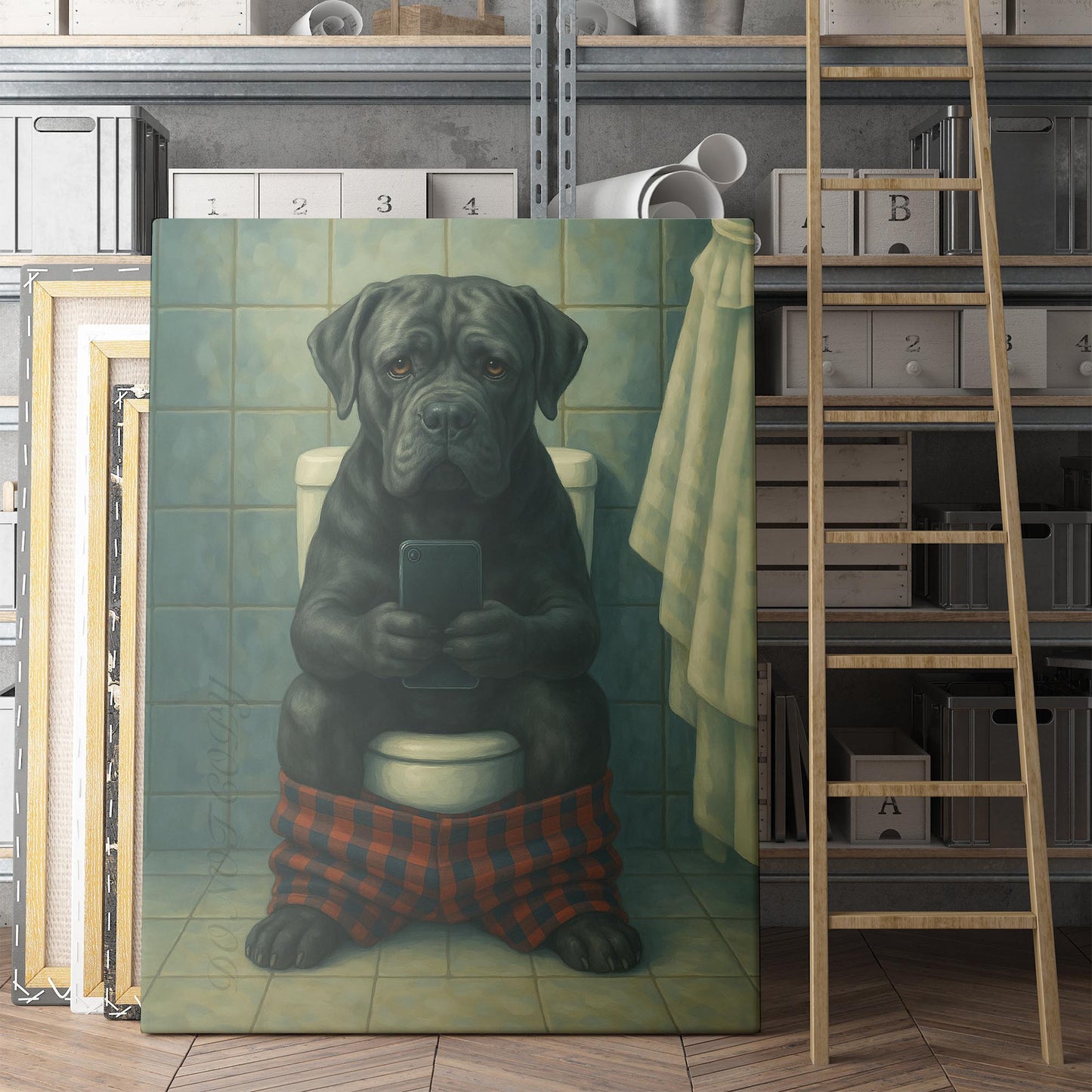 Cane Corso Dog On The Phone On The Toilet