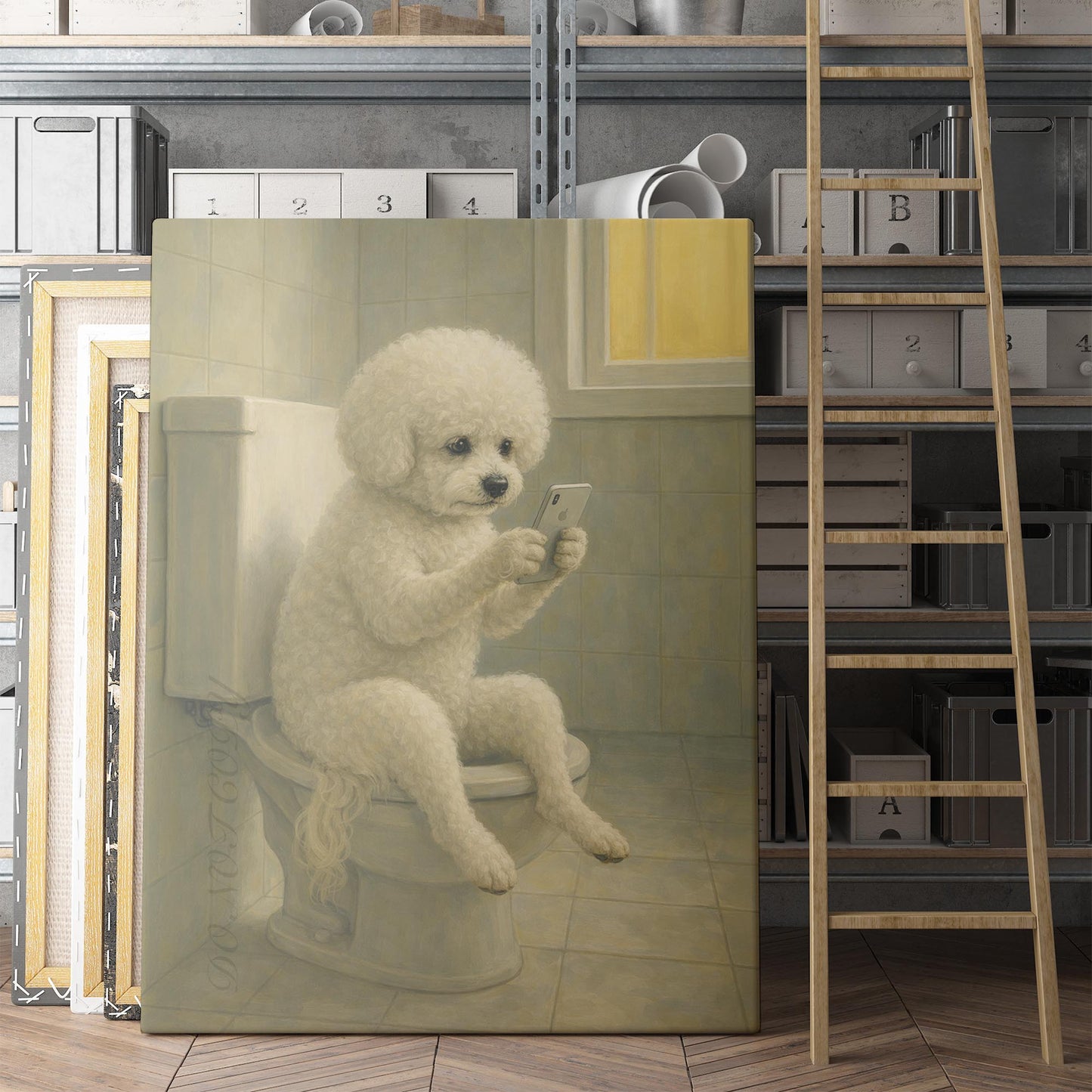 Bichon Frise Dog On The Phone On The Toilet