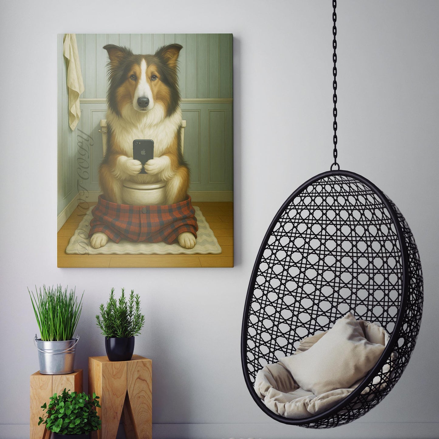 Collie Dog On The Phone On The Toilet