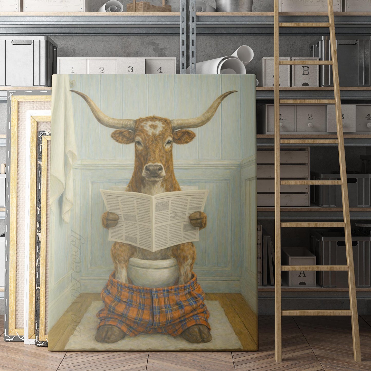 Texas Longhorn Reading The Newspaper On The Toilet