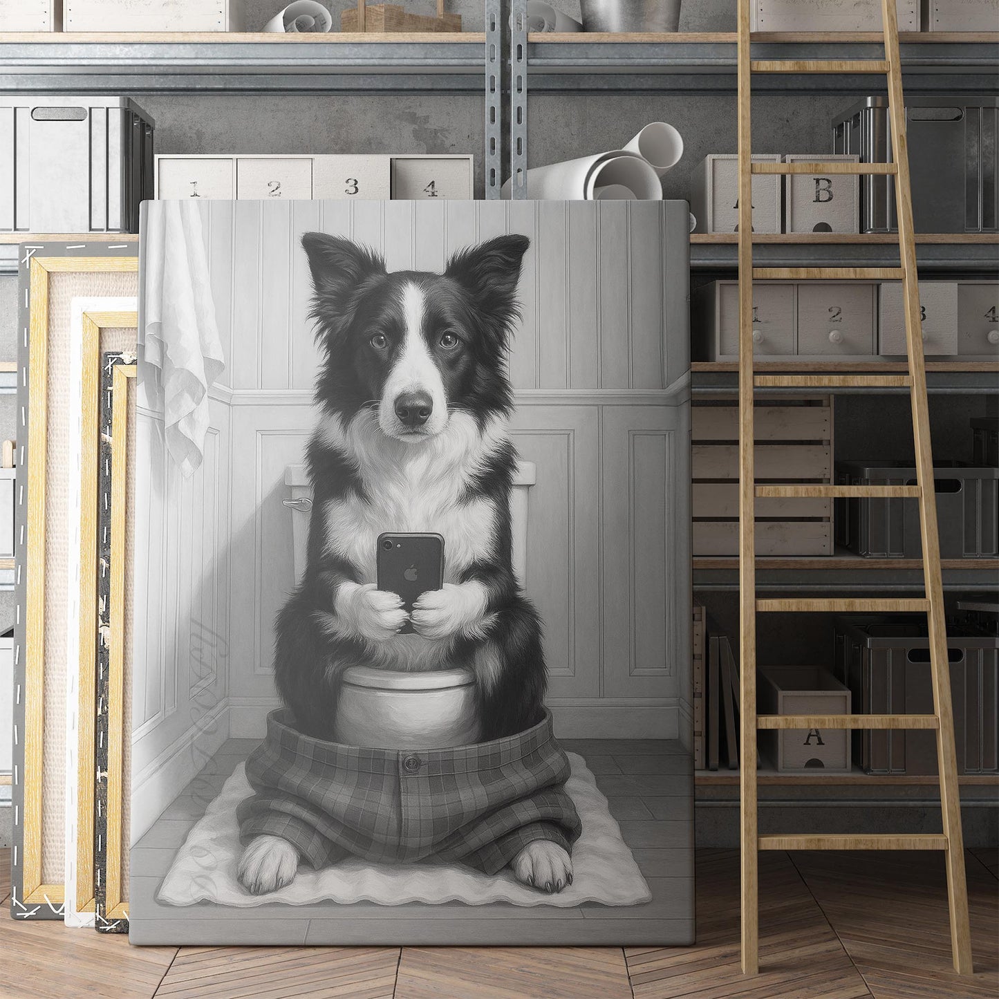 Border Collie Dog On The Phone On The Toilet