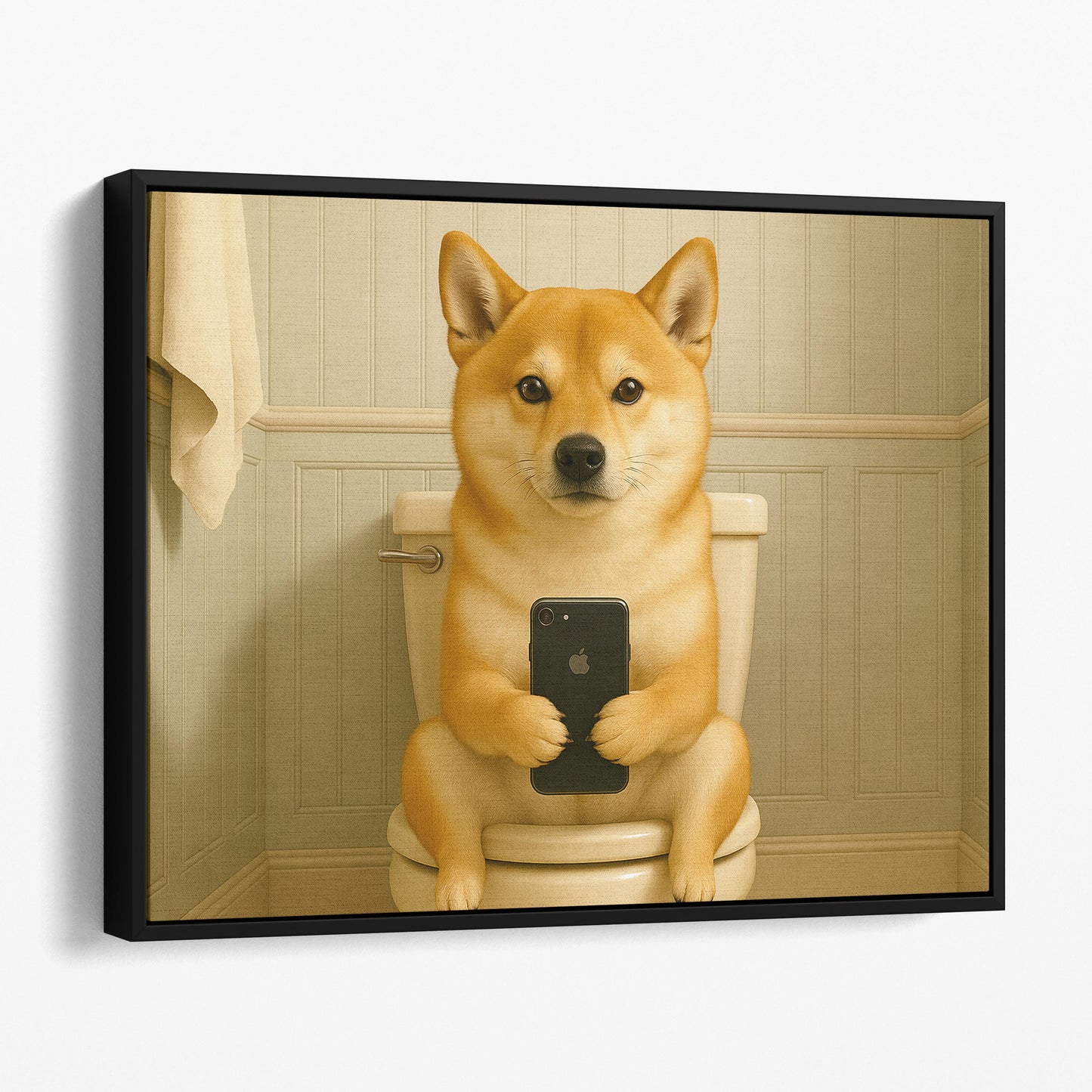 Shiba Inu Dog On The Phone On The Toilet