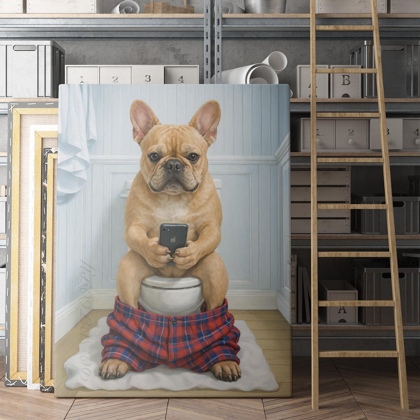 Fawn French Bulldog On The Phone On The Toilet