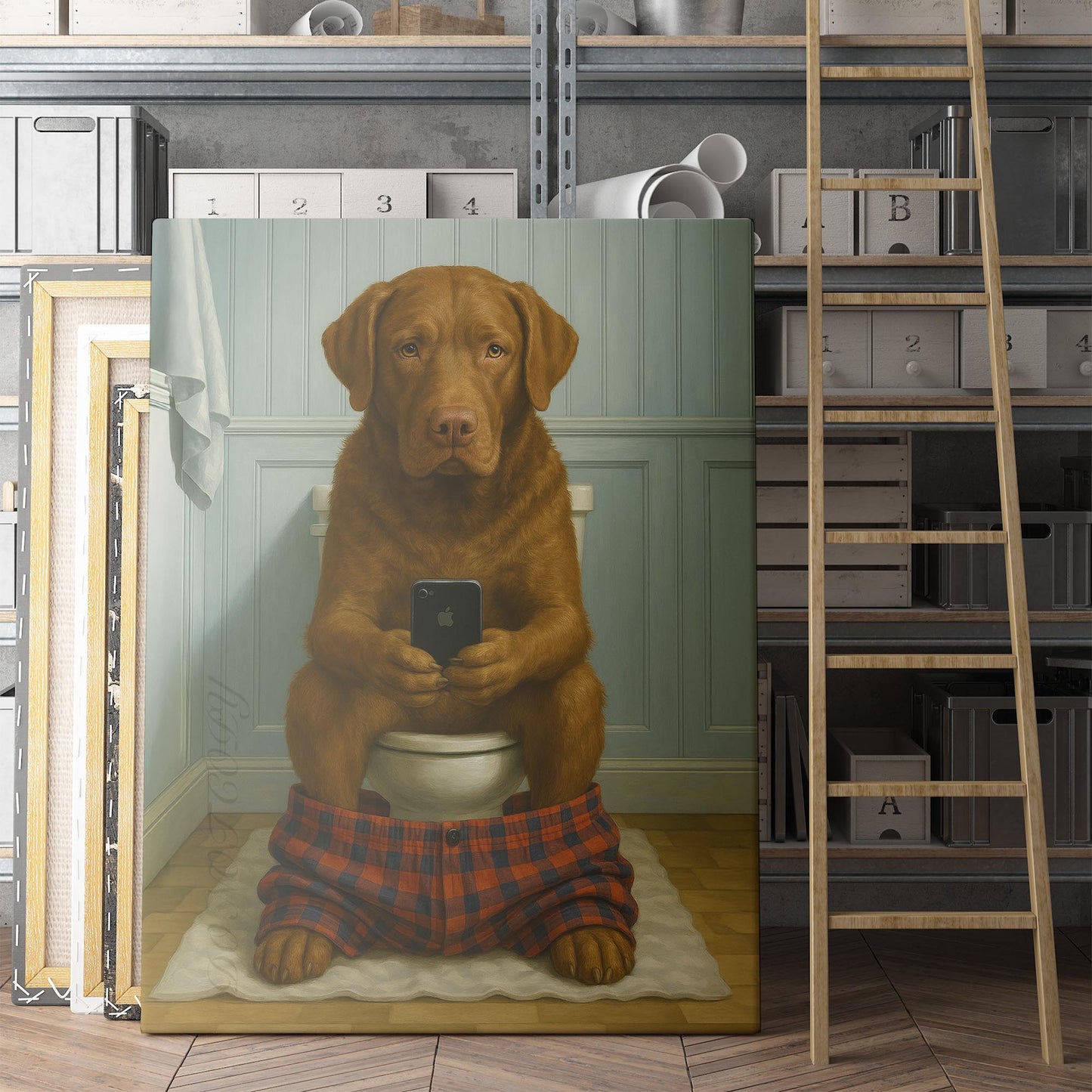 Chesapeake Bay Retriever Dog On The Phone On The Toilet