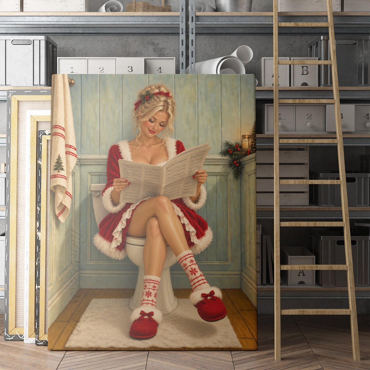 Young Mrs. Claus Reading The Newspaper On The Toilet