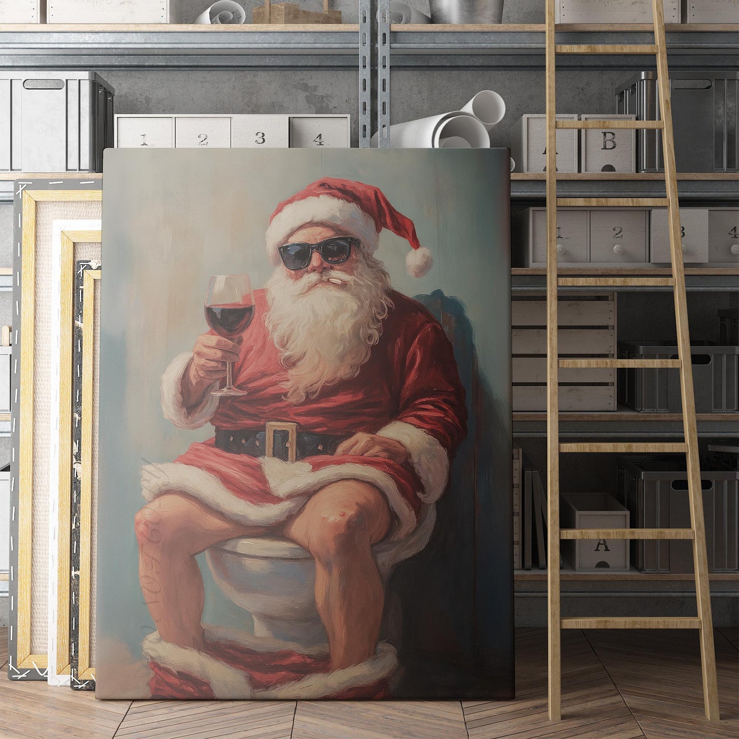 Santa Claus Smoking & Drinking Wine On The Toilet