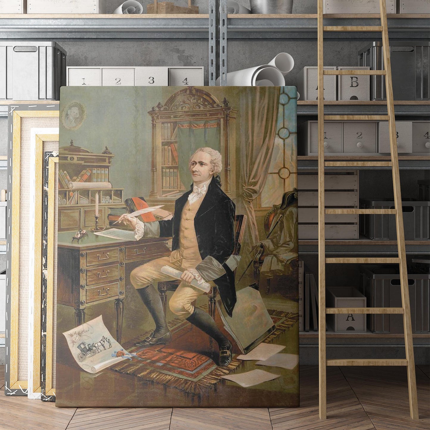 Alexander Hamilton making the first draft of the Constitution for the United States, 1787