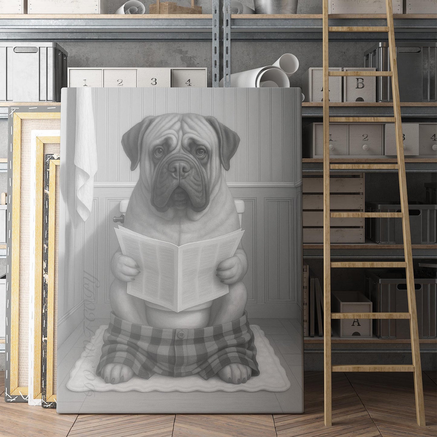 Mastiff Dog Reading The Newspaper On The Toilet