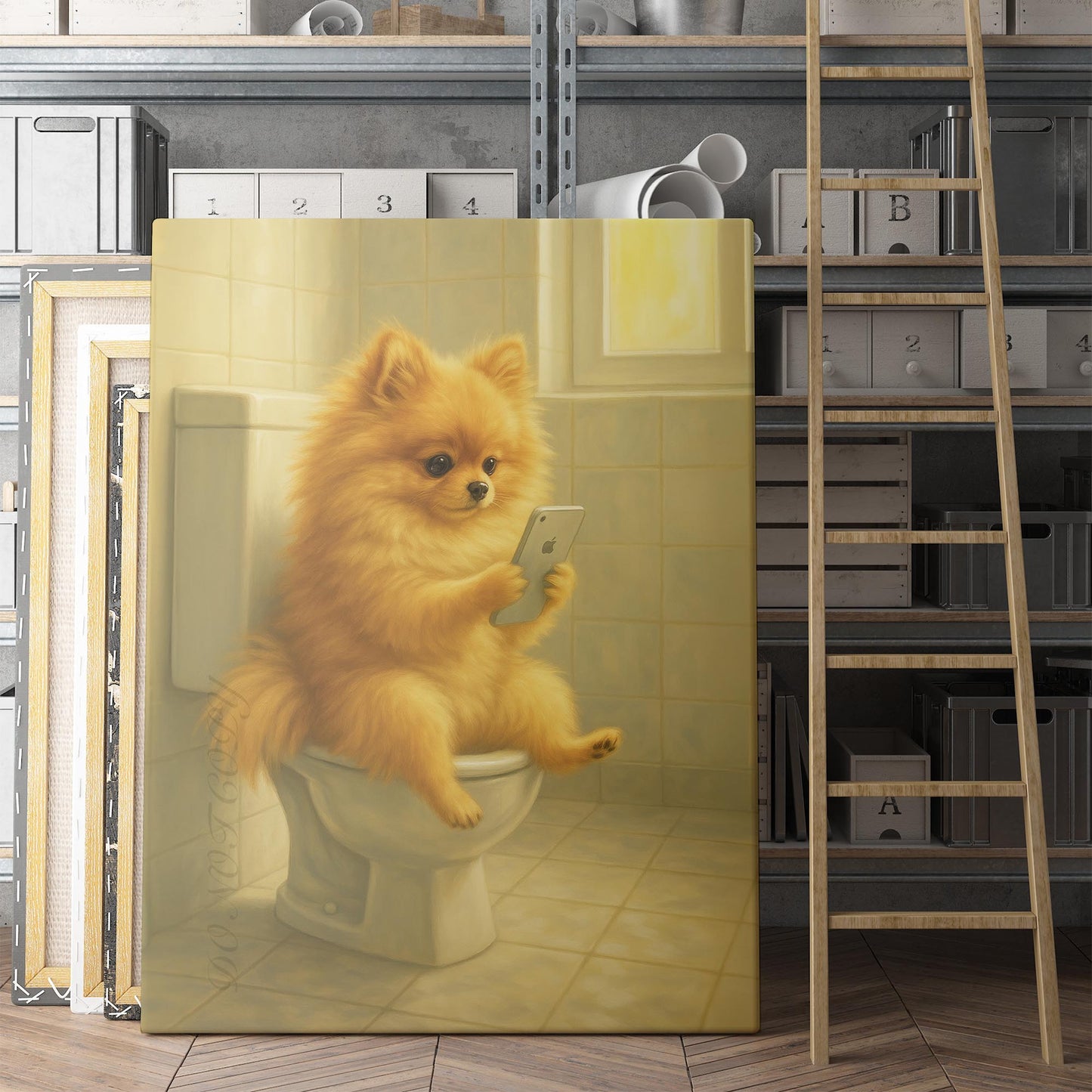 Pomeranian Dog On The Phone On The Toilet