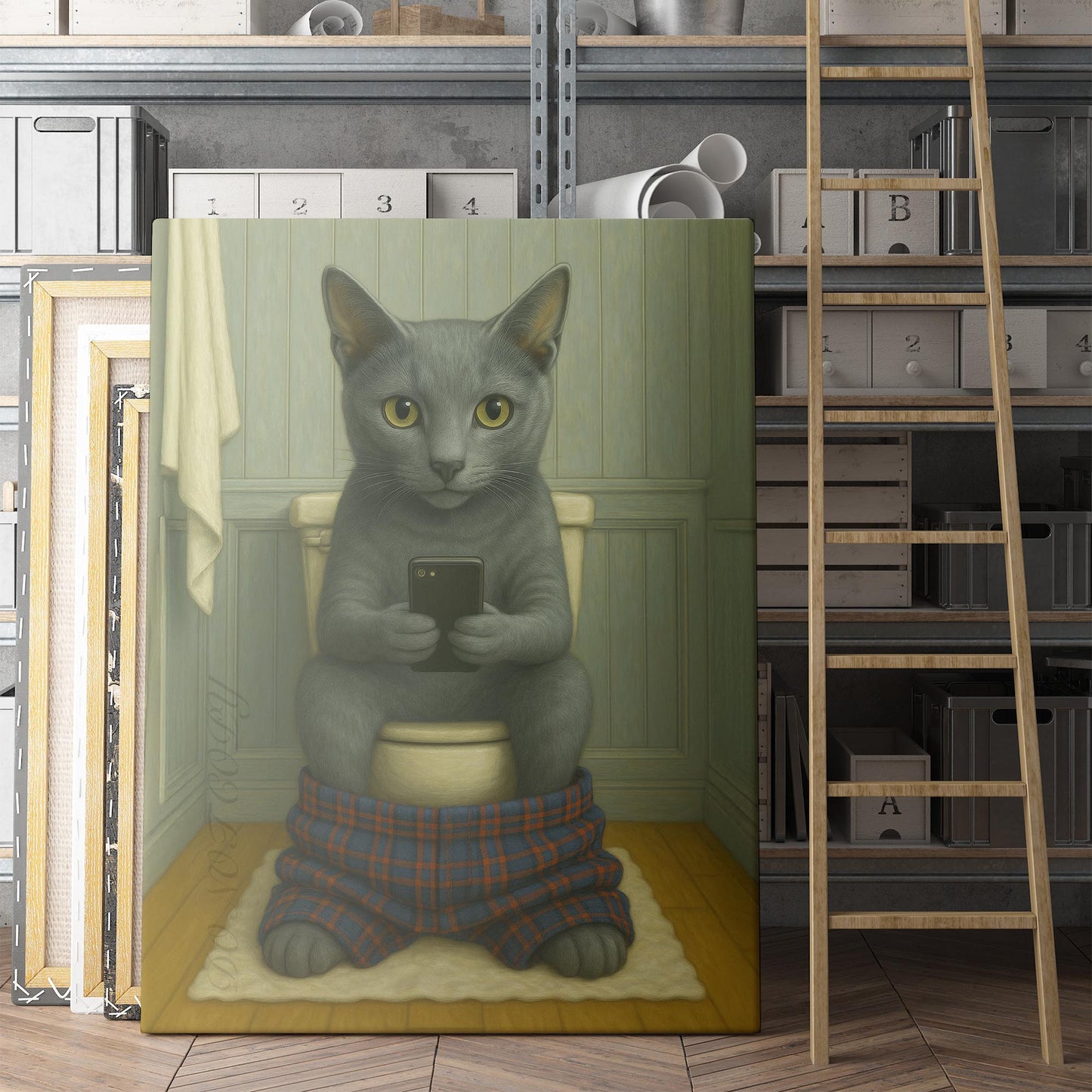Russian Blue Cat On The Phone On The Toilet