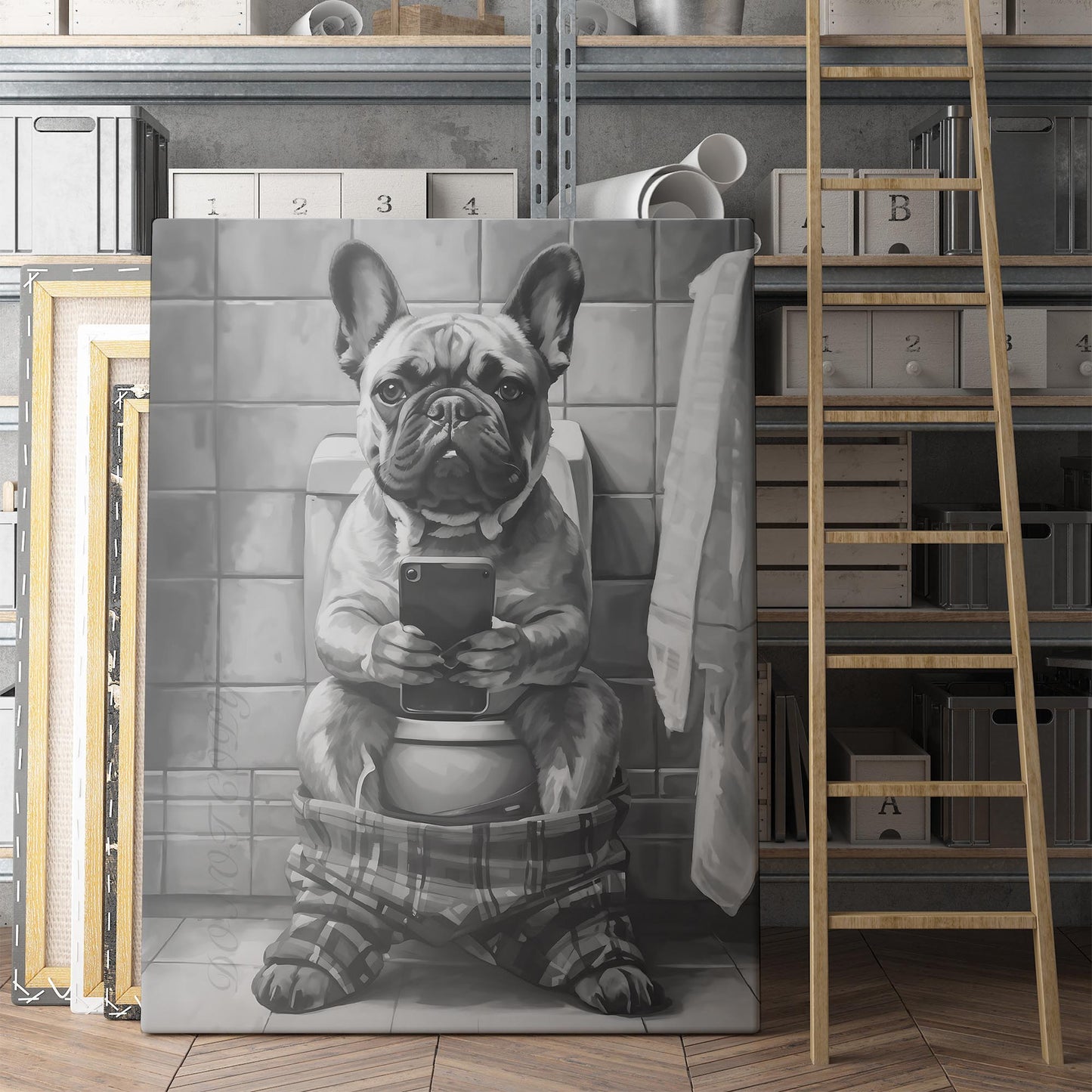 French Bulldog On The Phone On The Toilet