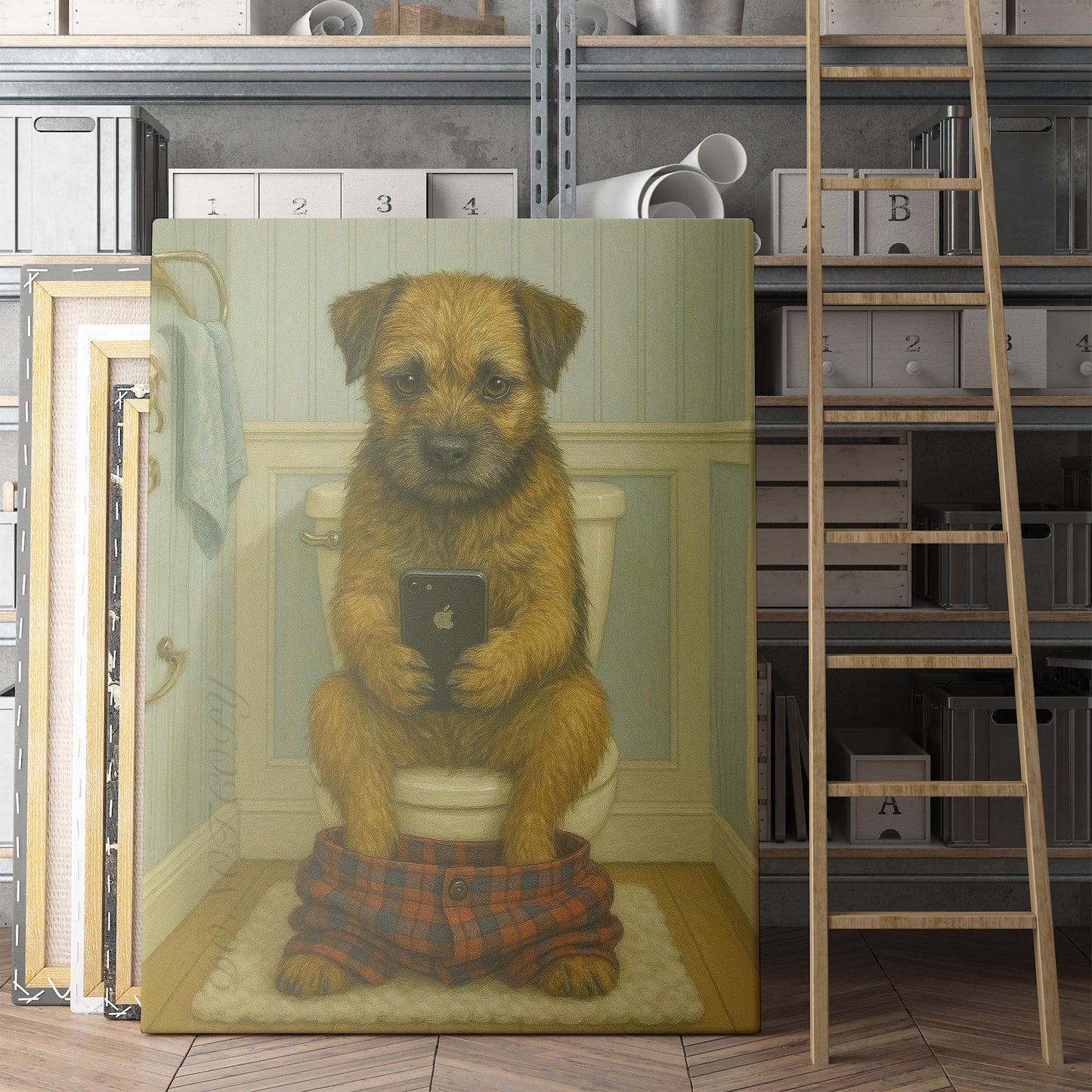 Border Terrier Dog On The Phone On The Toilet