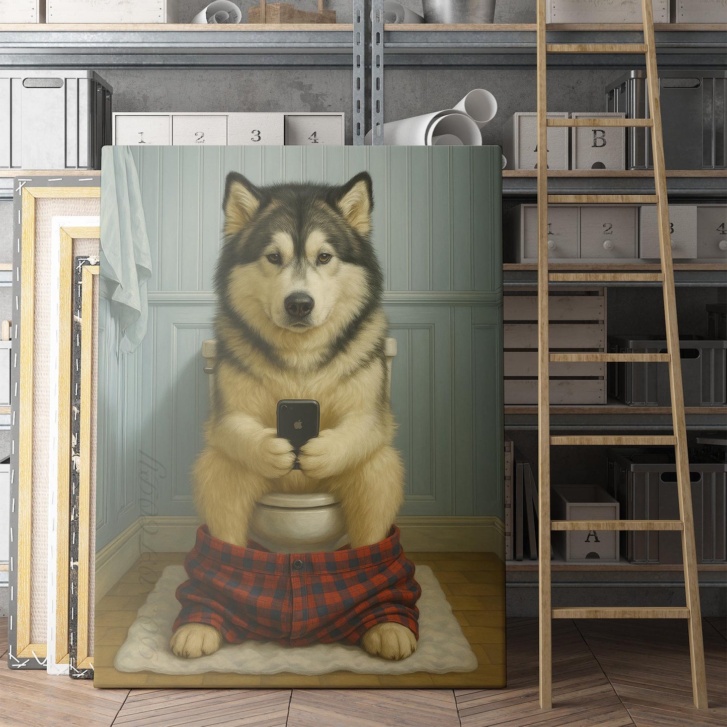 Alaskan Malamute Dog On The Phone On The Toilet