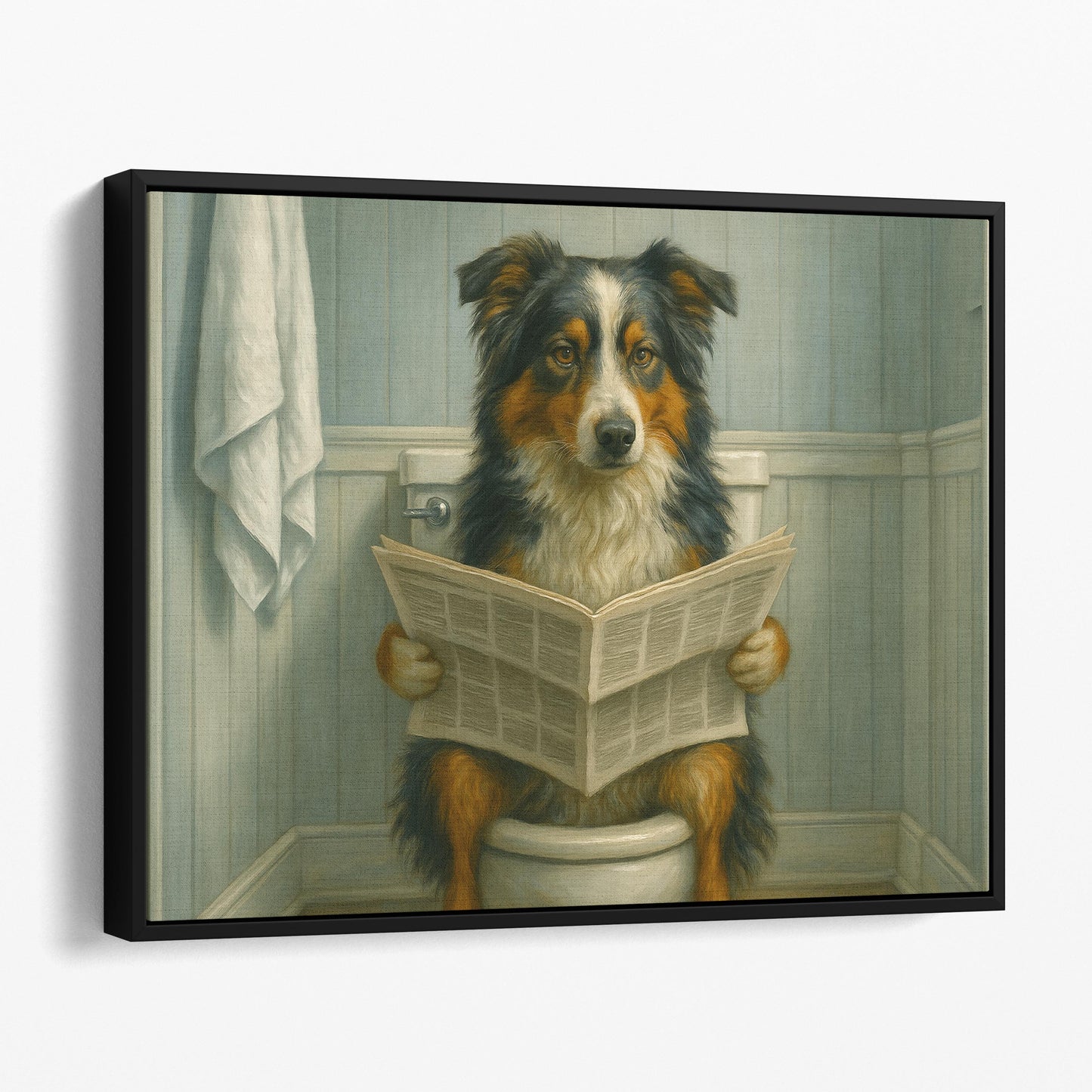 Australian Shepherd Dog On The Toilet Reading The Newspaper