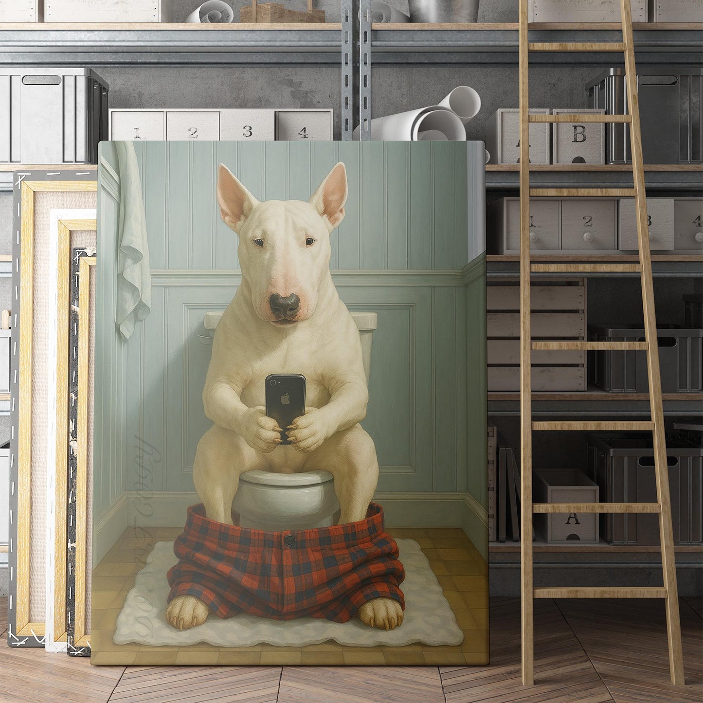 Bull Terrier Dog On The Phone On The Toilet