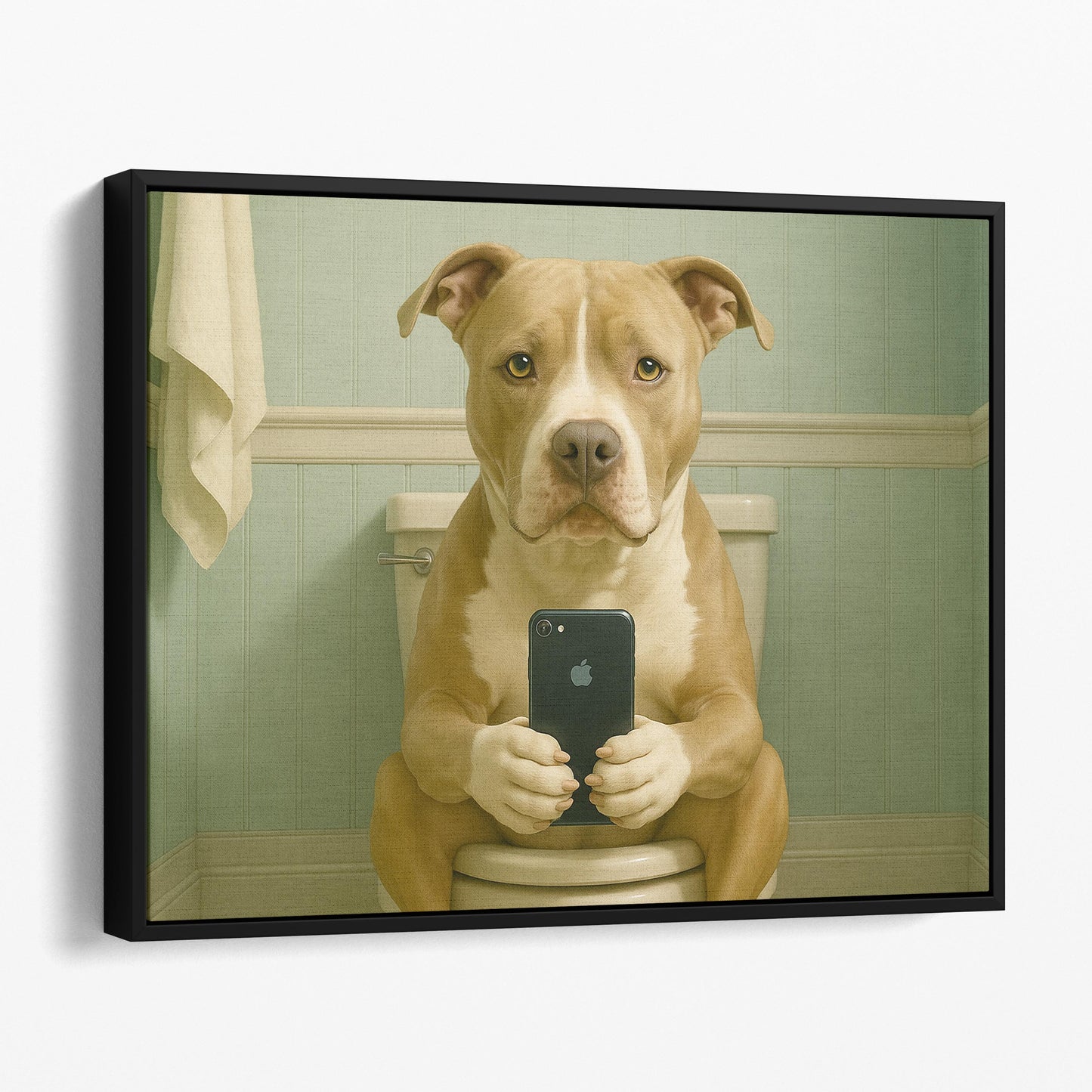 Pit Bull Dog On The Phone On The Toilet