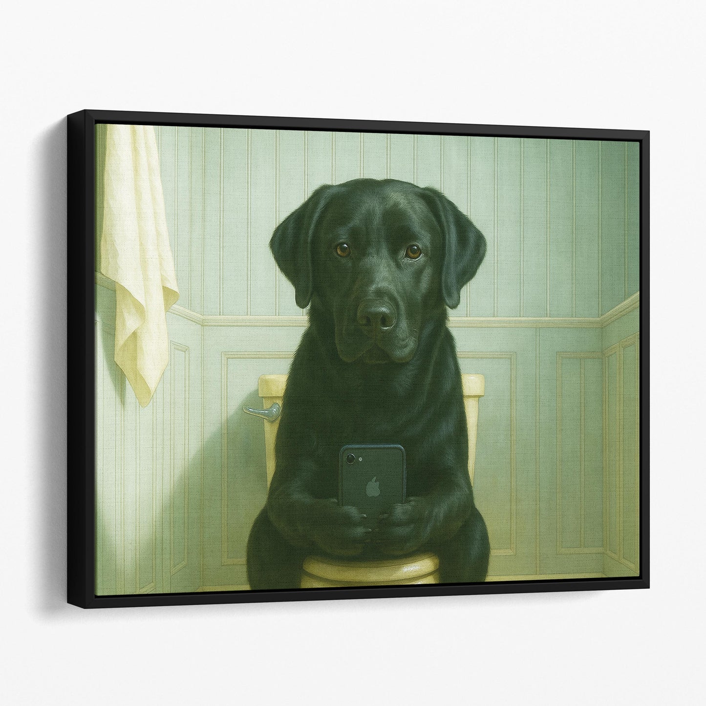 Black Labrador Retriever Dog On The Phone On The Toilet