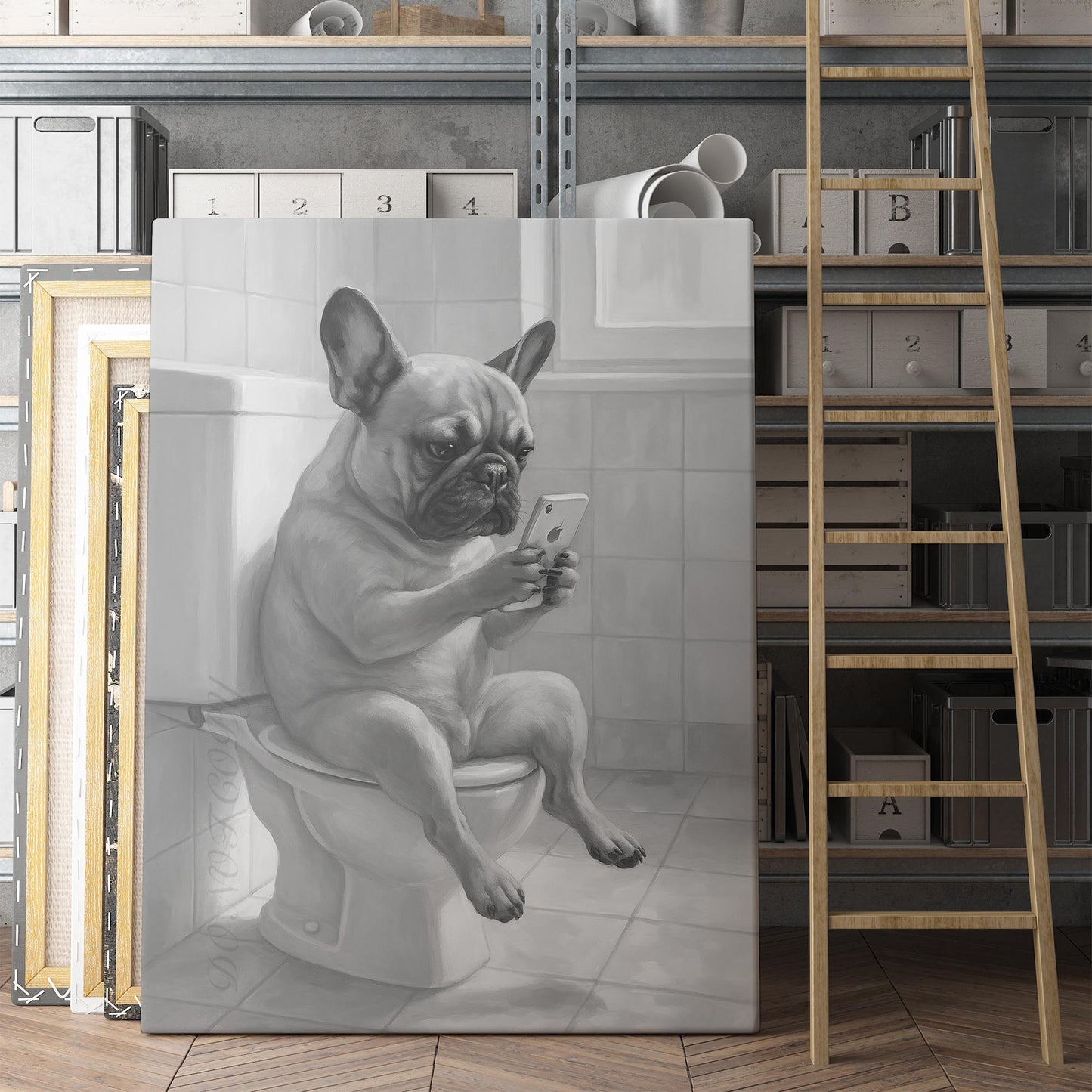 French Bulldog On The Phone On The Toilet