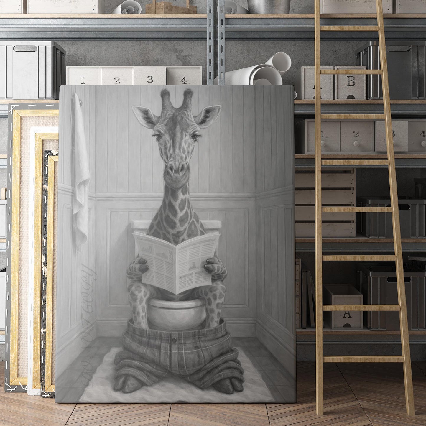 Giraffe Reading The Newspaper On The Toilet