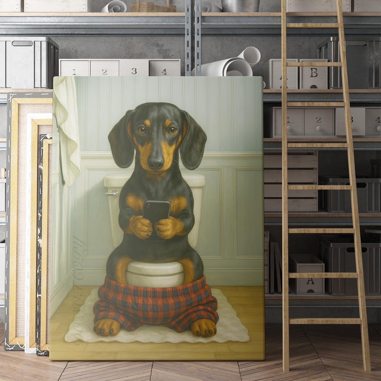 Dachshund Dog On The Phone On The Toilet