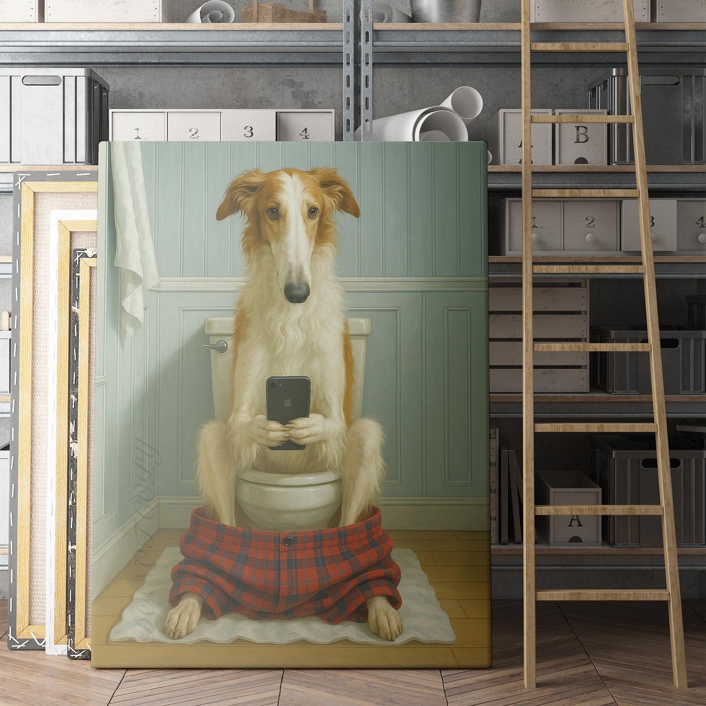 Borzoi Dog On The Phone On The Toilet