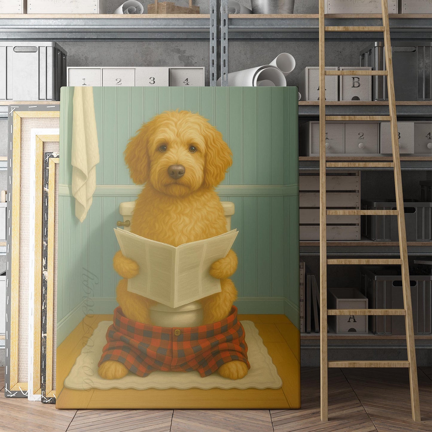 Labradoodle Dog Reading The Newspaper On The Toilet