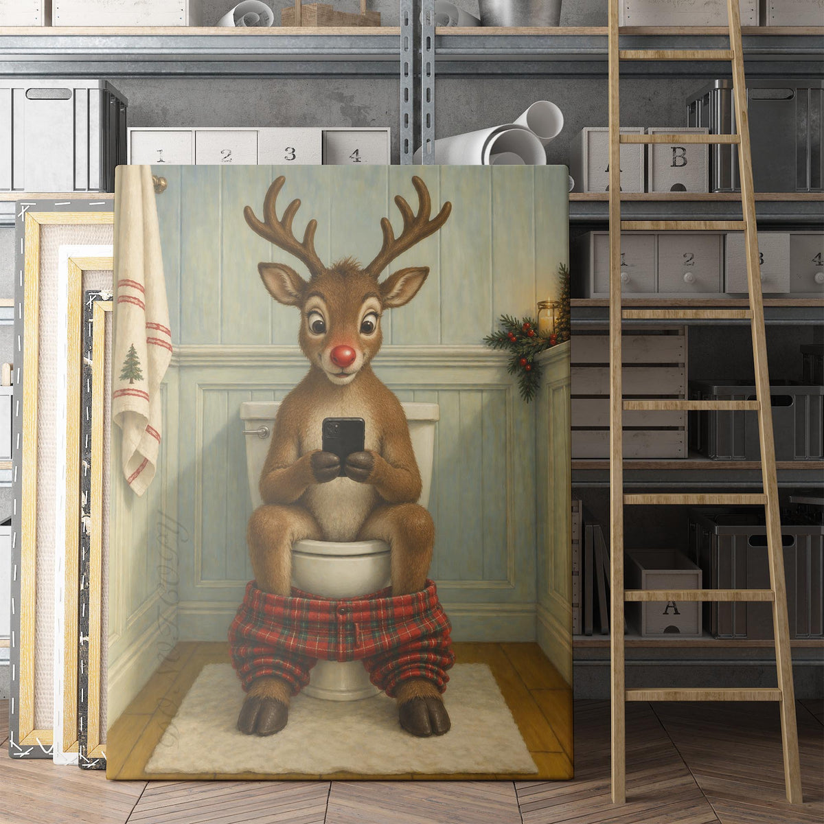 Rudolph the Red-Nosed Reindeer On The Phone On The Toilet