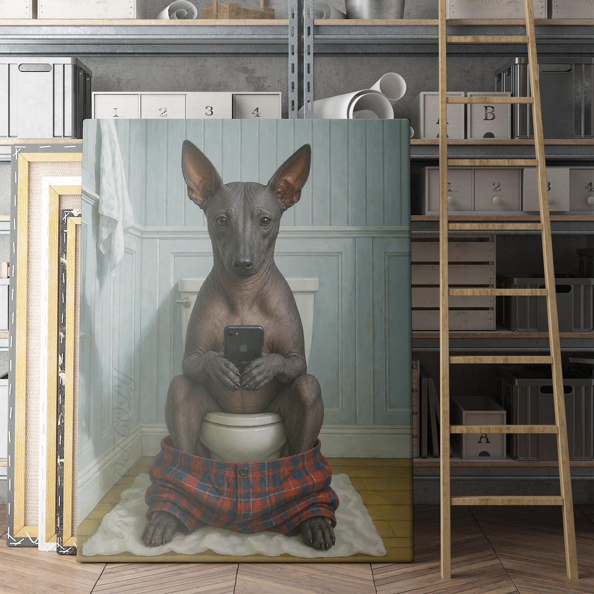Xoloitzcuintli Dog On The Phone On The Toilet