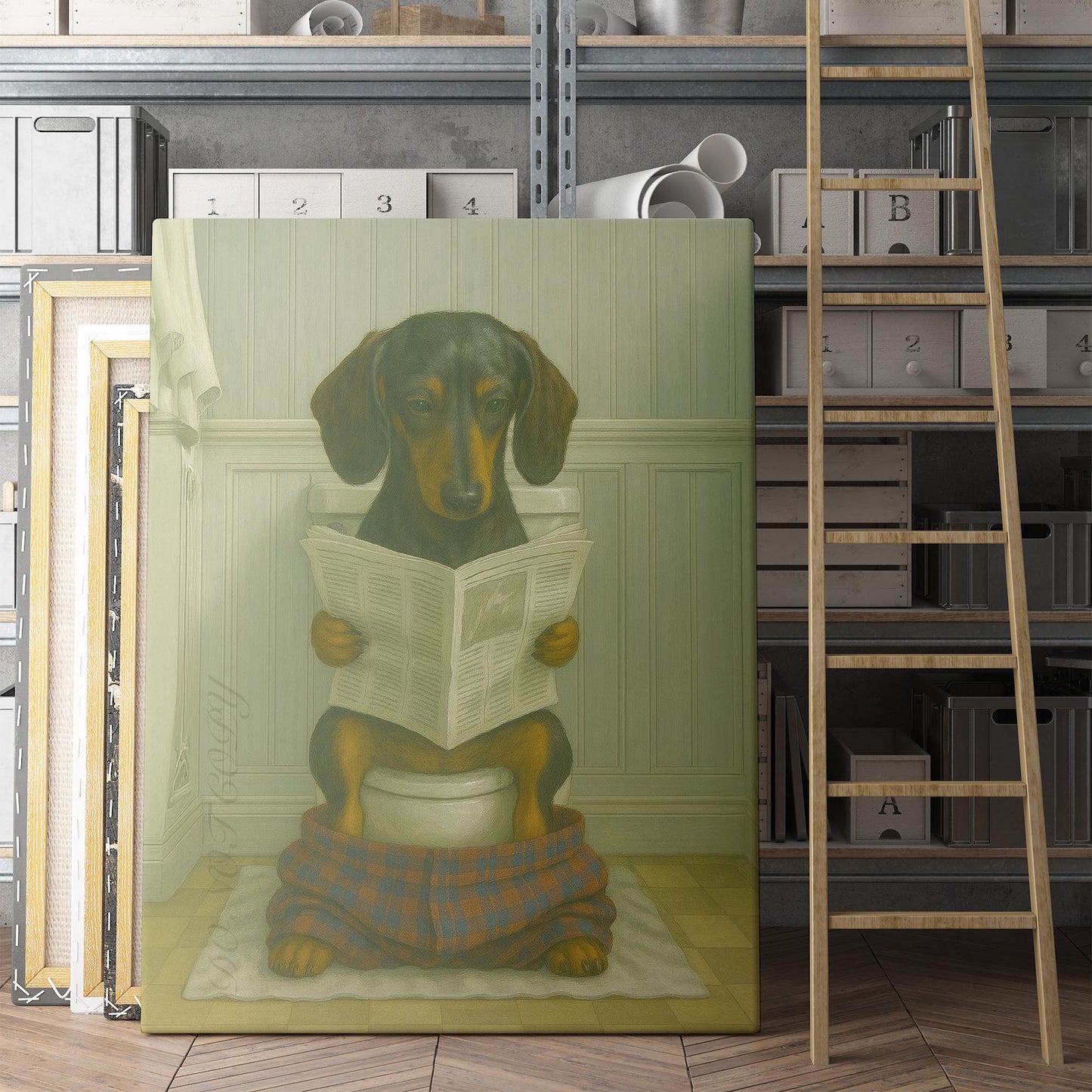 Dachshund Dog Reading The Newspaper On The Toilet