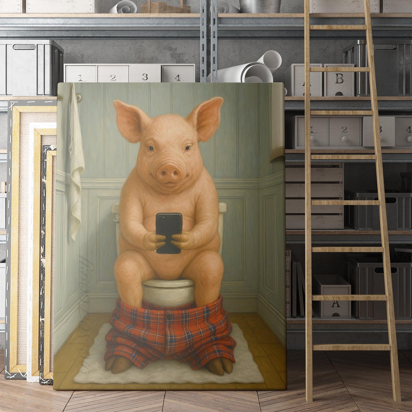 Pig On The Phone On The Toilet