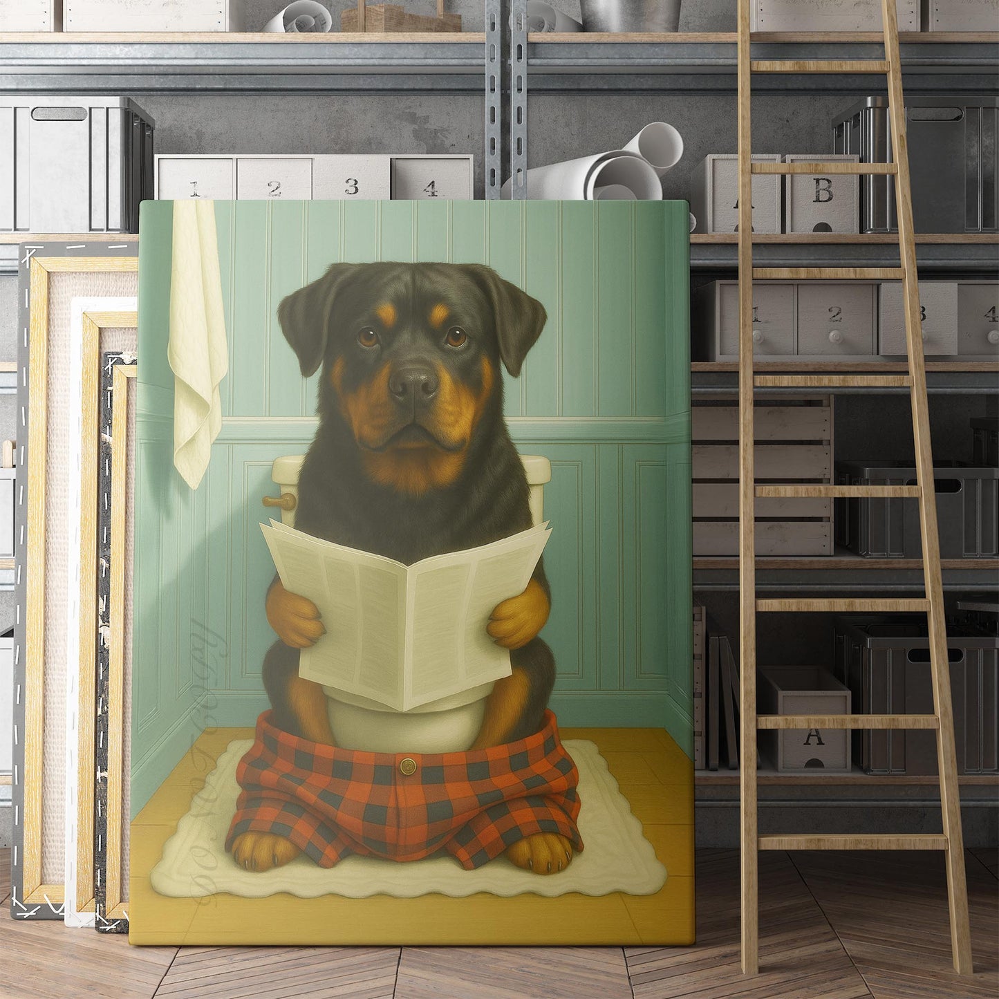 Rottweiler Dog Reading The Newspaper On The Toilet