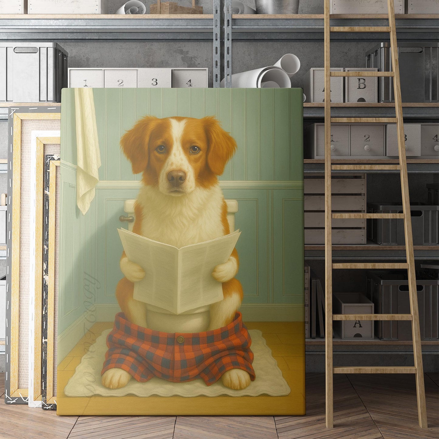 Brittany Dog Reading The Newspaper On The Toilet