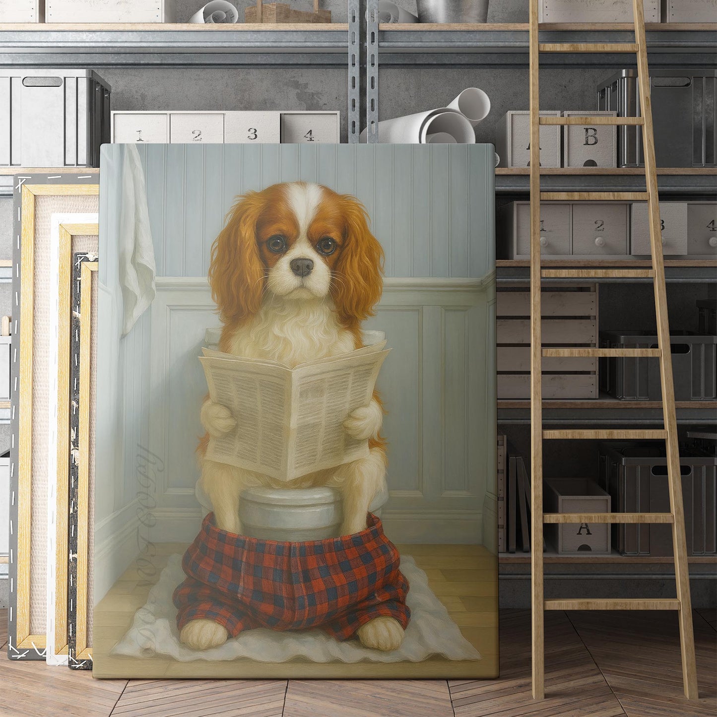 Cavalier King Charles Dog Reading The Newspaper On The Toilet