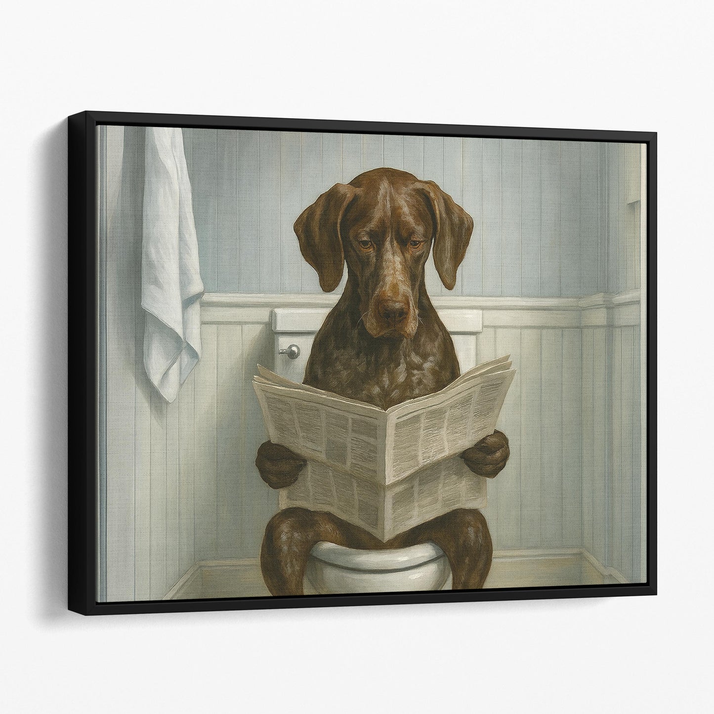 German Shorthaired Pointer Dog Reading The Newspaper On The Toilet