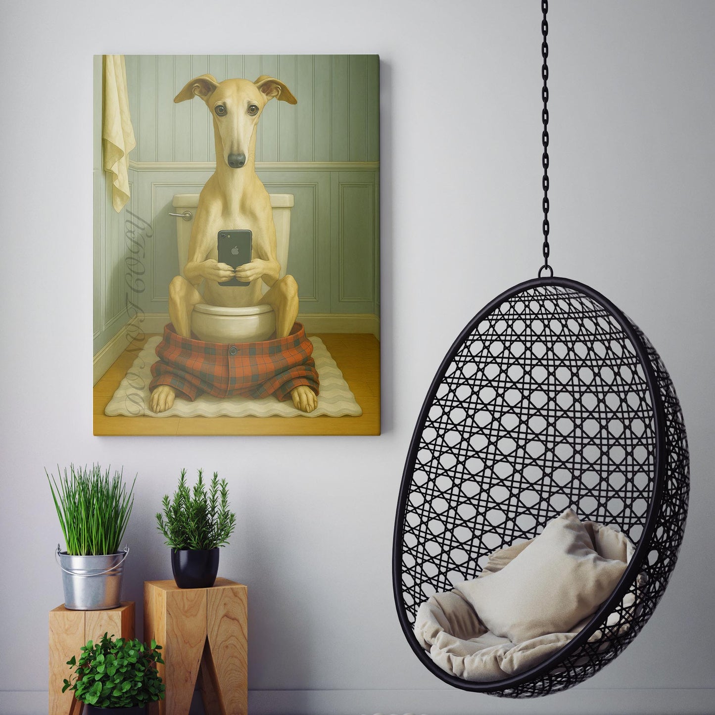 Greyhound Dog On The Phone On The Toilet